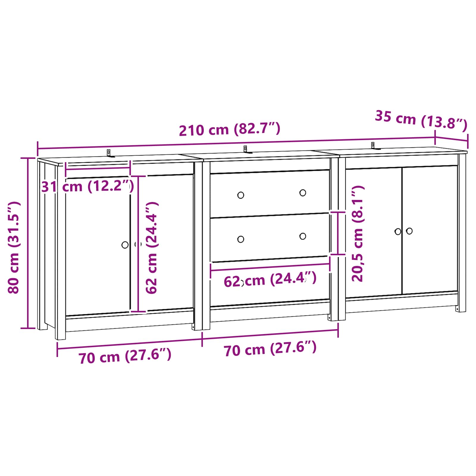 Sideboard mit Schubladen 3 pcs Wachsbraun Massives Kiefernholz