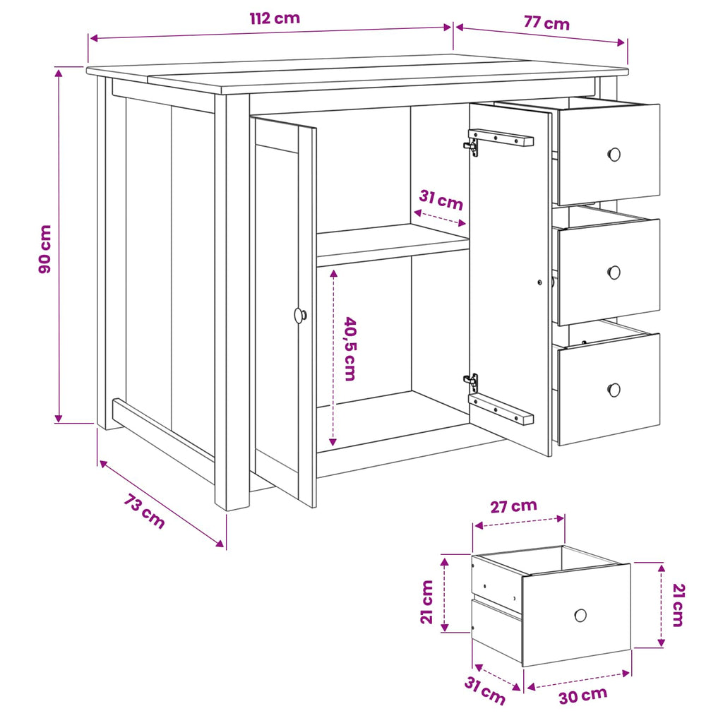 Küchentrolley PANAMA 2 pcs Weiß und Honigwachs 112 x 77 x 90 cm