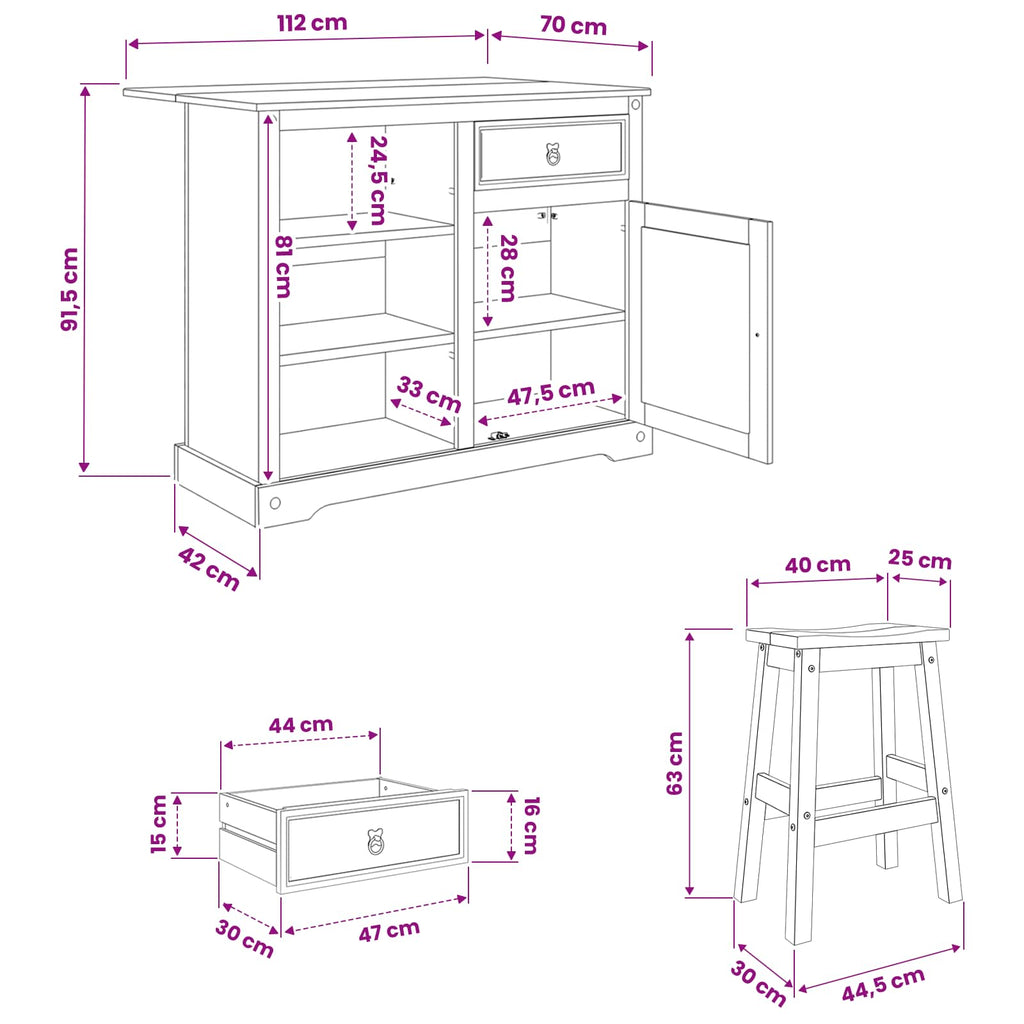 Kücheninsel Set mit Schubladen 3 pcs Honigwachs Massiv-Kiefer