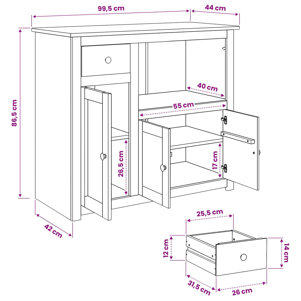 Mikrowellen-Sideboard PANAMA Weiß und Honigwachs Massiv-Kiefer