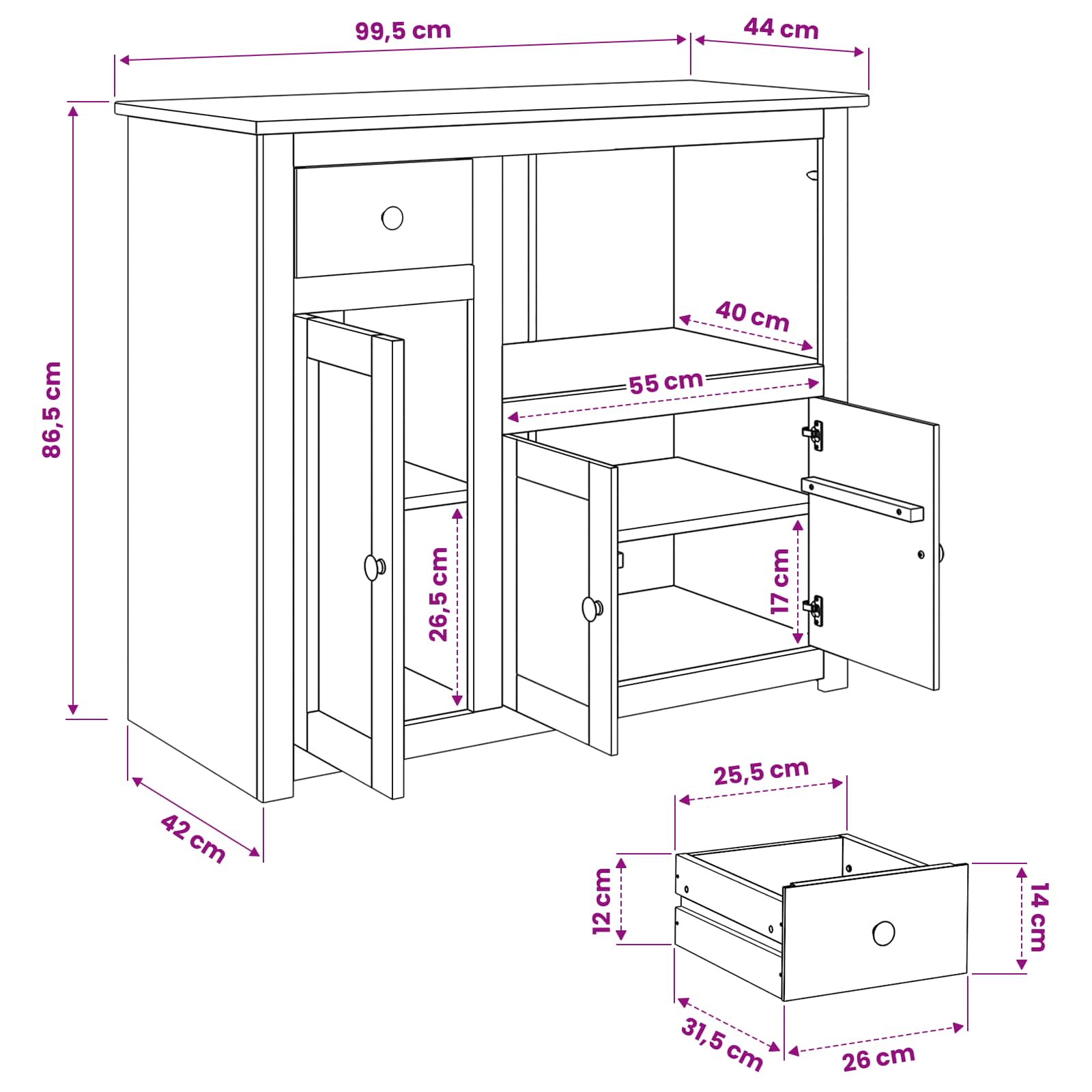 Mikrowellen-Sideboard PANAMA Weiß und Honigwachs Massiv-Kiefer