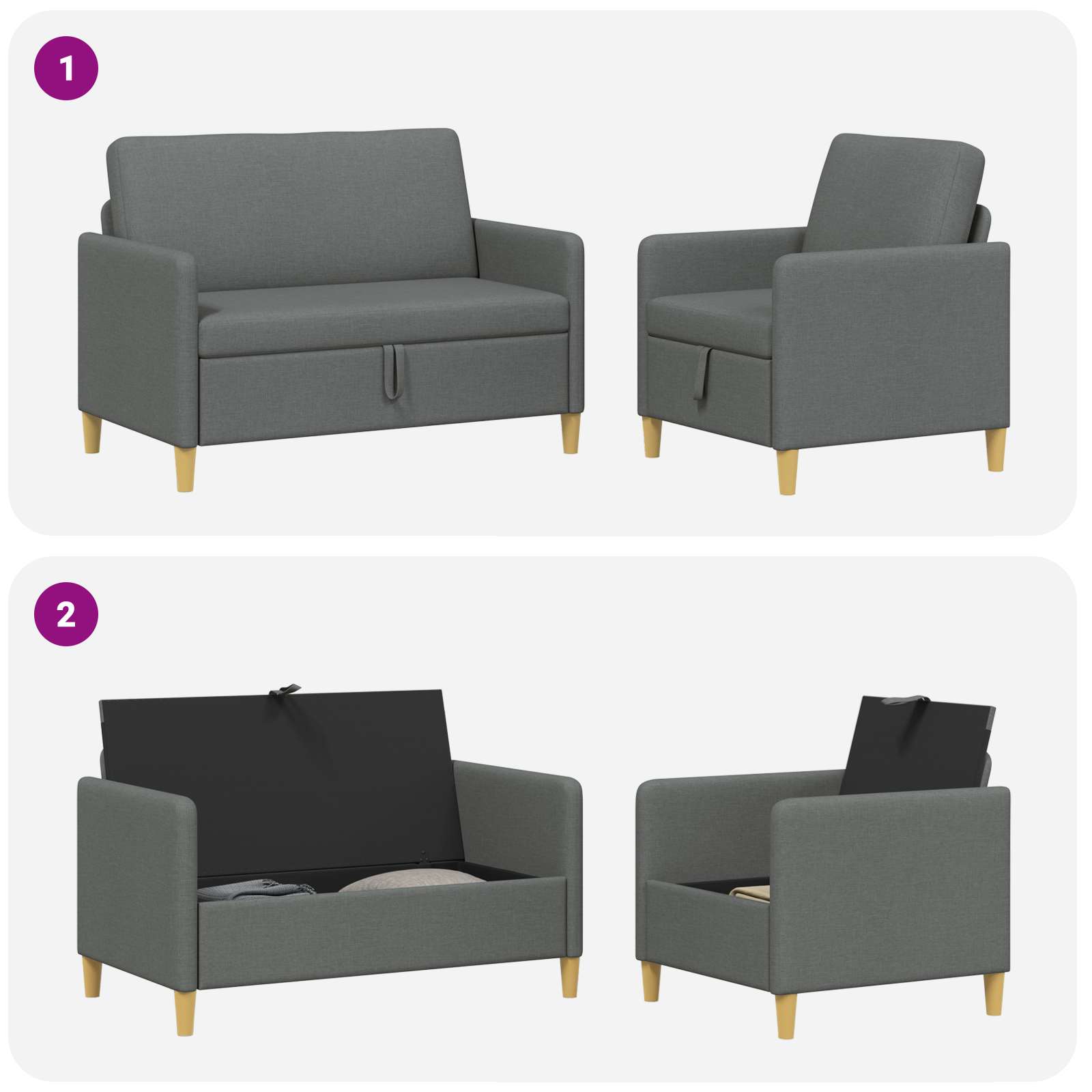 Sofa Set mit Stauraum 2 pcs Dunkelgrau Polyester
