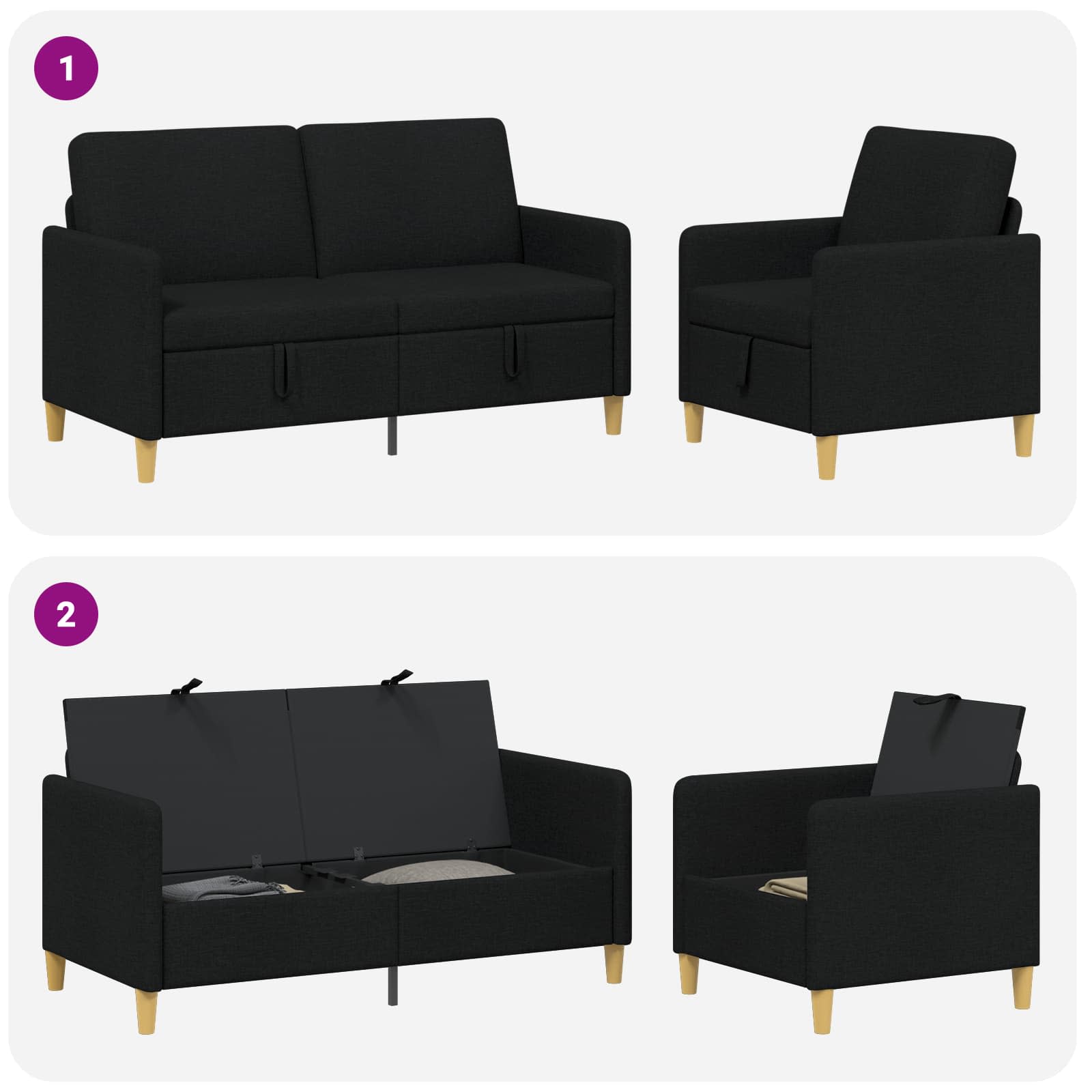 Sofa Set mit Stauraum 2 pcs Schwarz Polyester