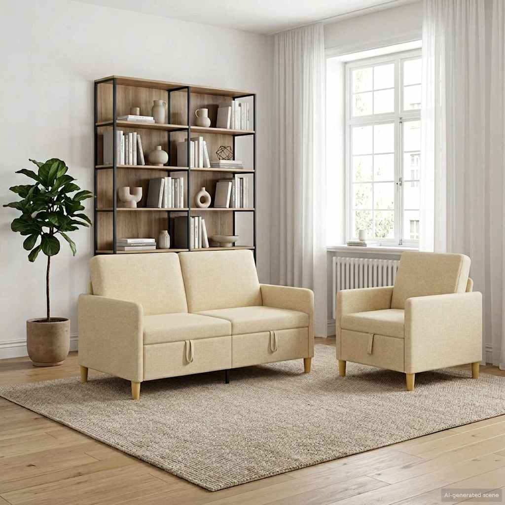 Sofa Set mit Stauraum 2 pcs Creme Polyester