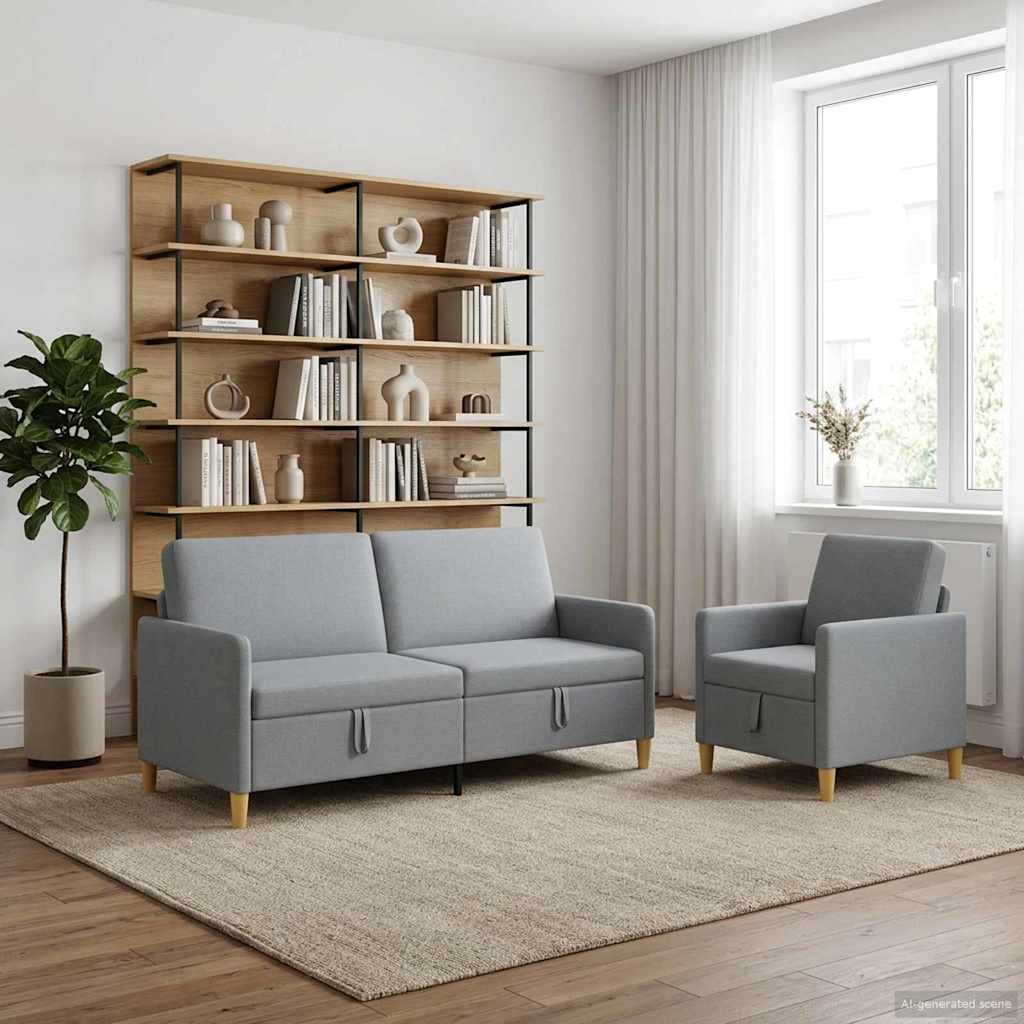 Sofa Set mit Stauraum 2-tlg. Hellgrau Polyester