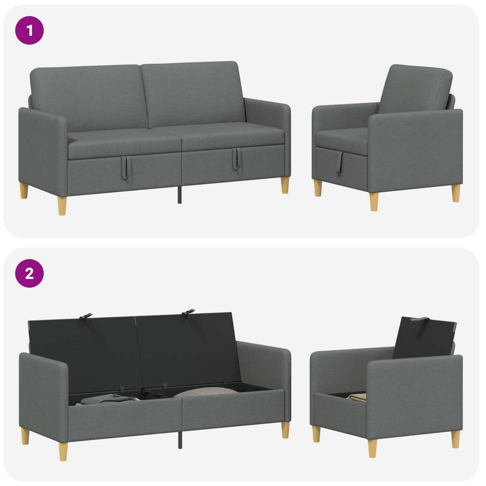Sofa Set mit Stauraum 2 pcs Dunkelgrau Polyester