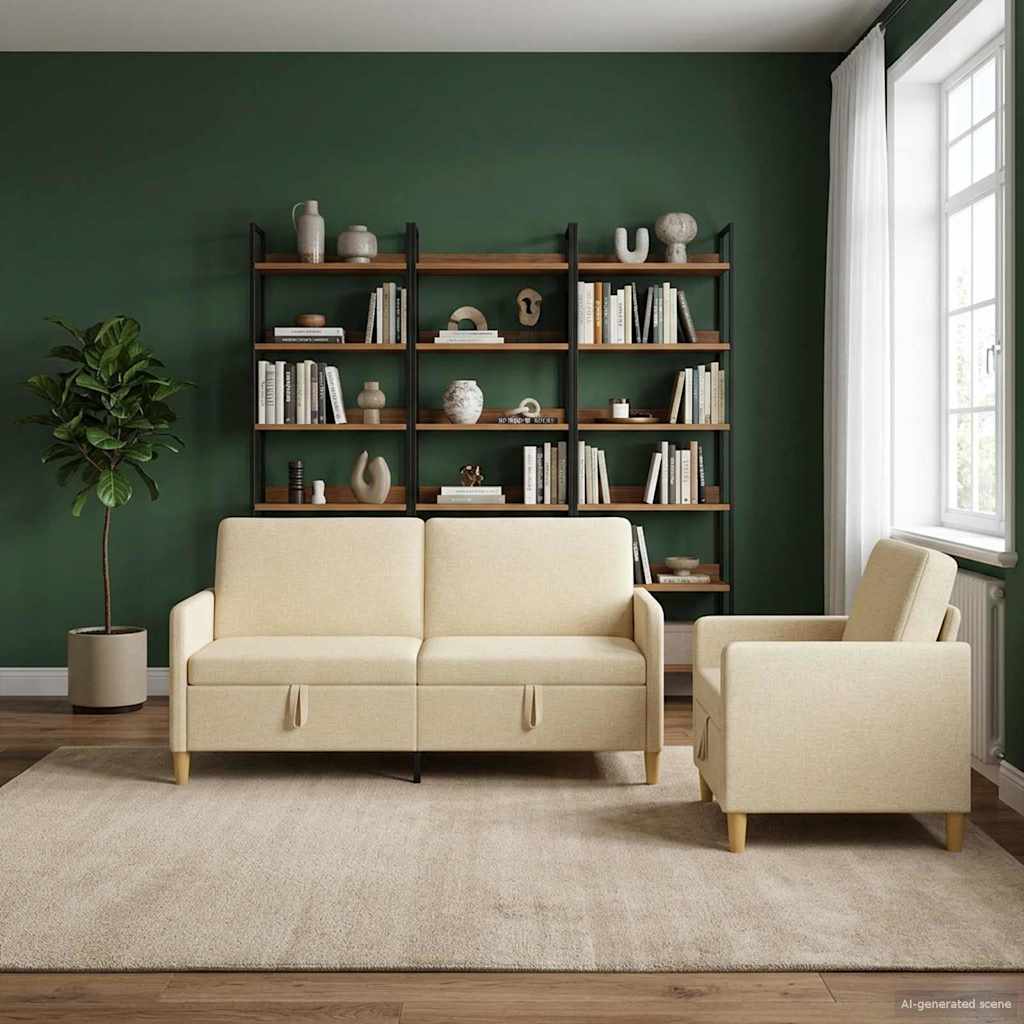 Sofa Set mit Stauraum 2 pcs Creme Polyester