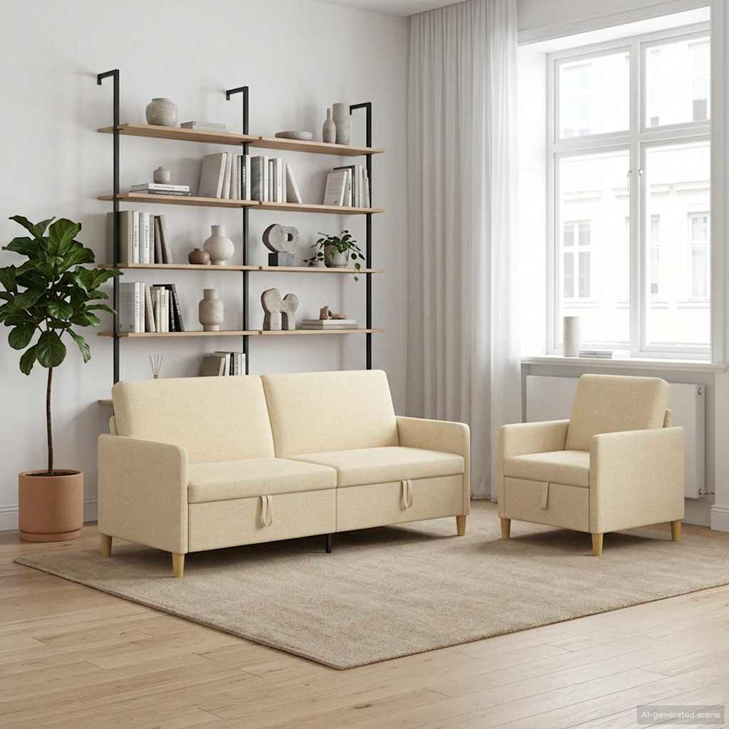 Sofa Set mit Stauraum 2 pcs Creme Polyester