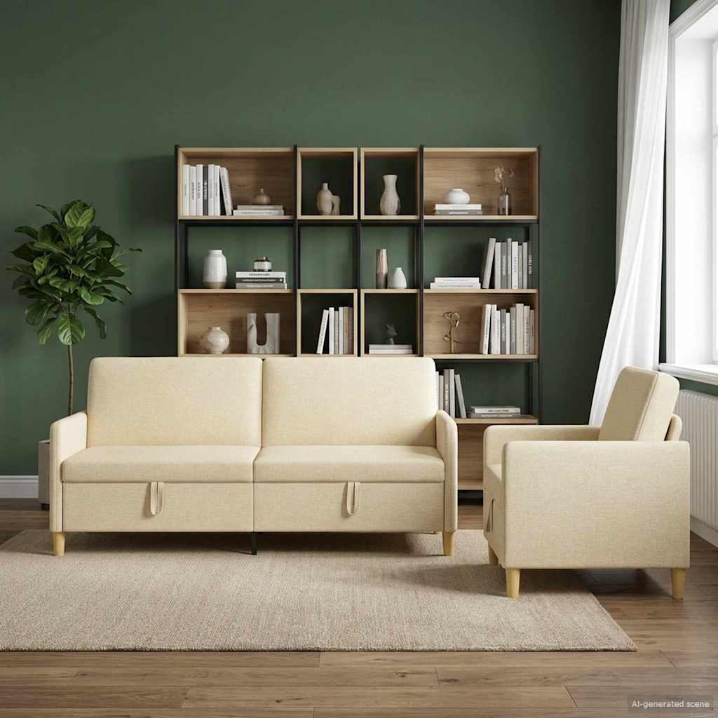 Sofa Set mit Stauraum 2 pcs Creme Polyester