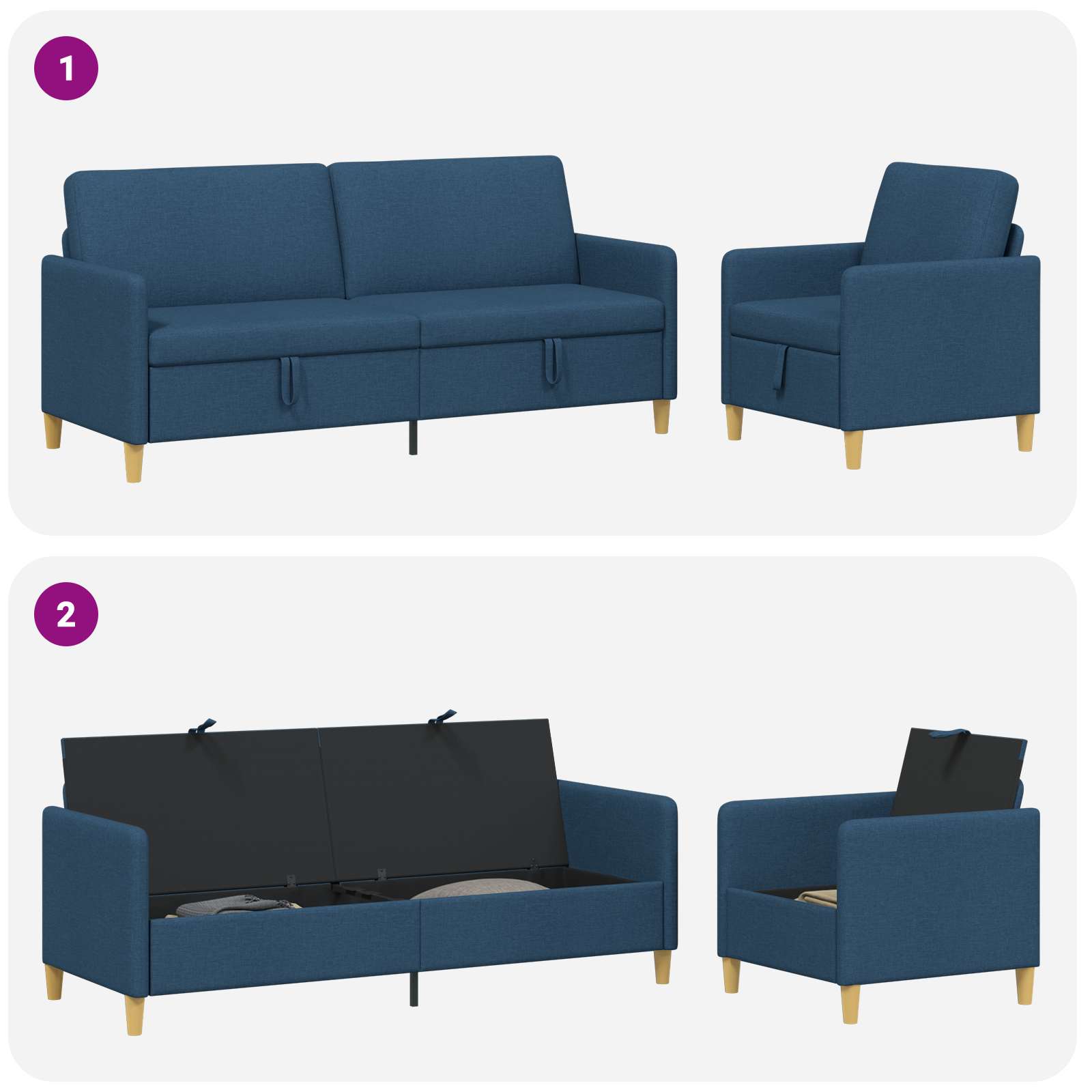 Sofa Set mit Stauraum 2 pcs Blau Polyester
