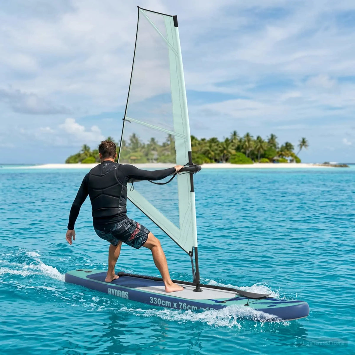 Aufblasbares SUP-Board HYDROS in Türkis beim Windsurfen auf dem Wasser