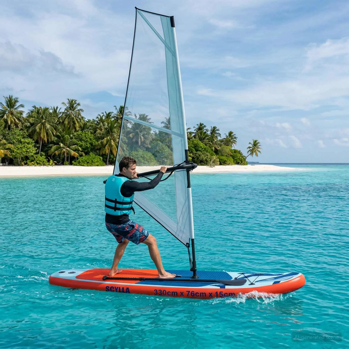 Aufblasbares SUP-Board SCYLLA in Blau und Orange beim Windsurfen auf dem Wasser