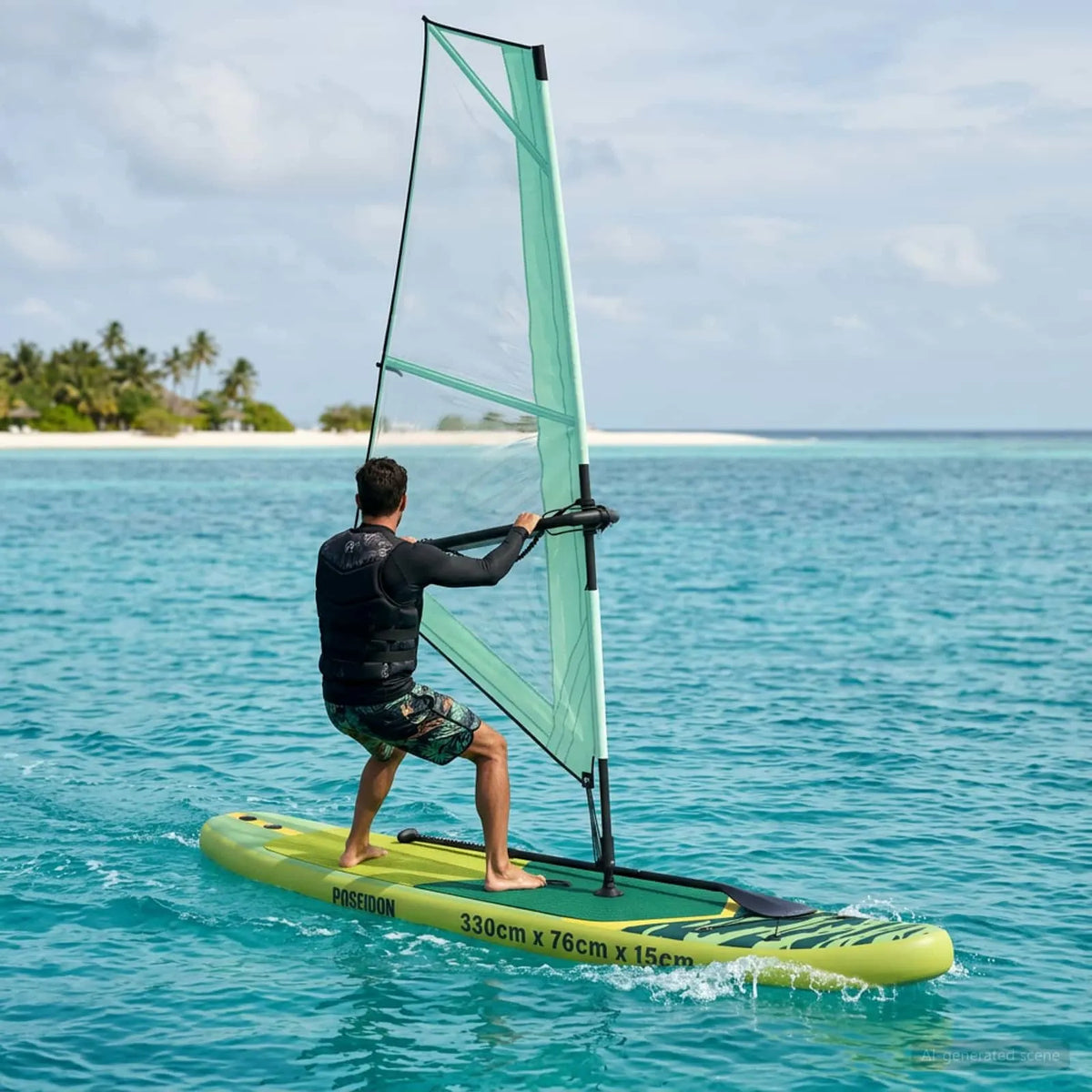 Aufblasbares SUP-Board POSEIDON in Grün beim Windsurfen auf dem Wasser