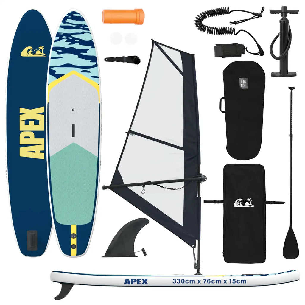 SUP-Board APEX in Blau mit Segel, Paddel, Pumpe und Zubehör im Überblick