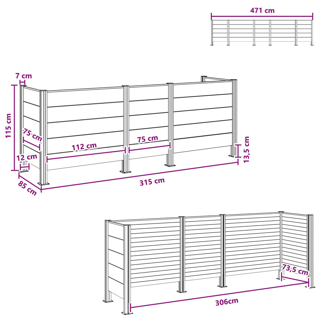 Mülltonnenzaun Braun 315 x 85 x 115 cm Aluminium und WPC