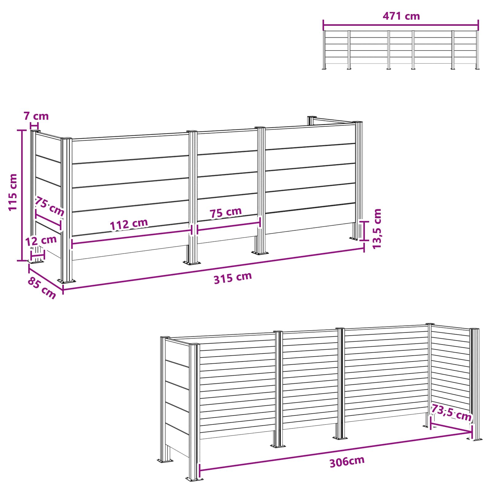Mülltonnenzaun Braun 315 x 85 x 115 cm Aluminium und WPC