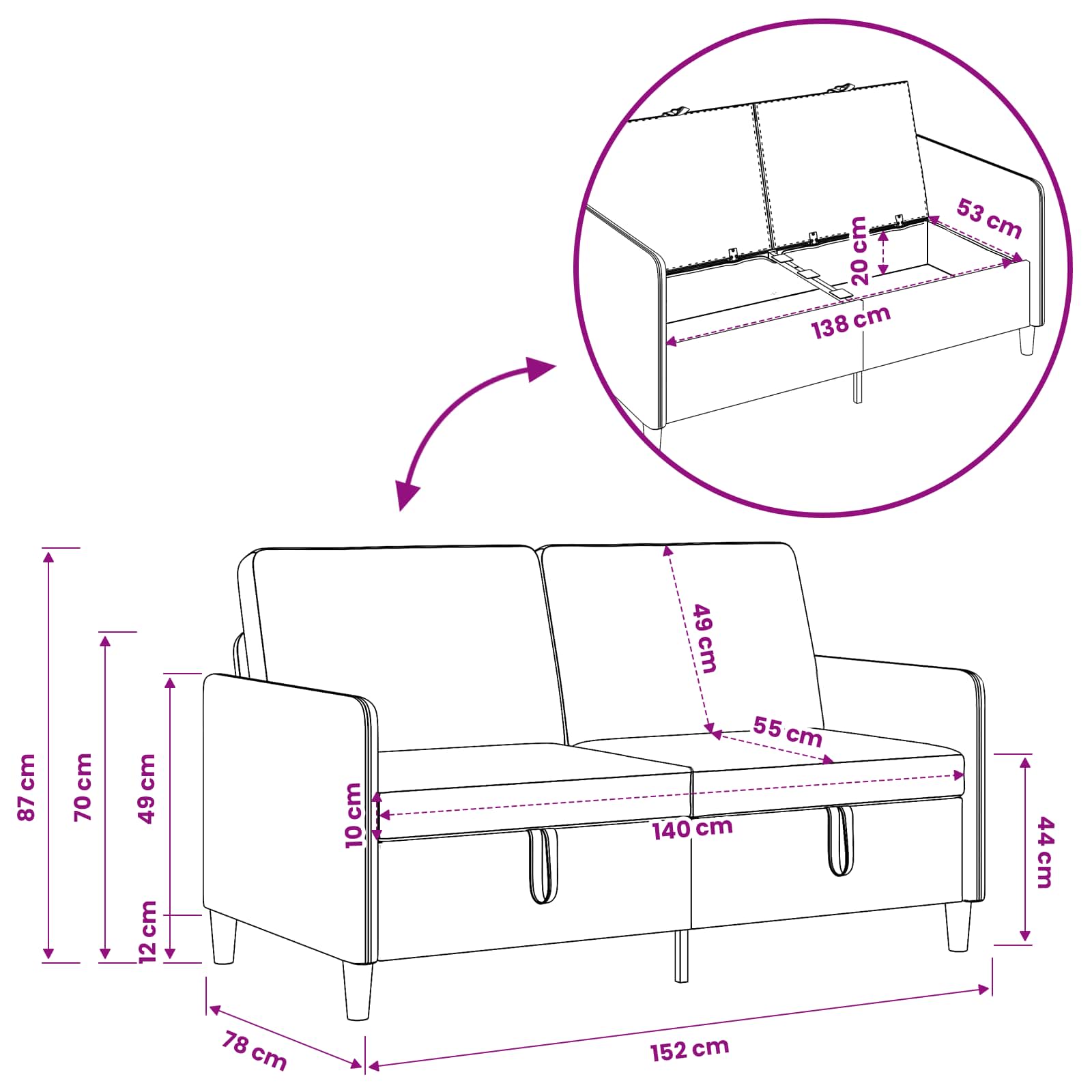 Sofa mit Stauraum Hellgrau 152 x 78 x 87 cm Polyester