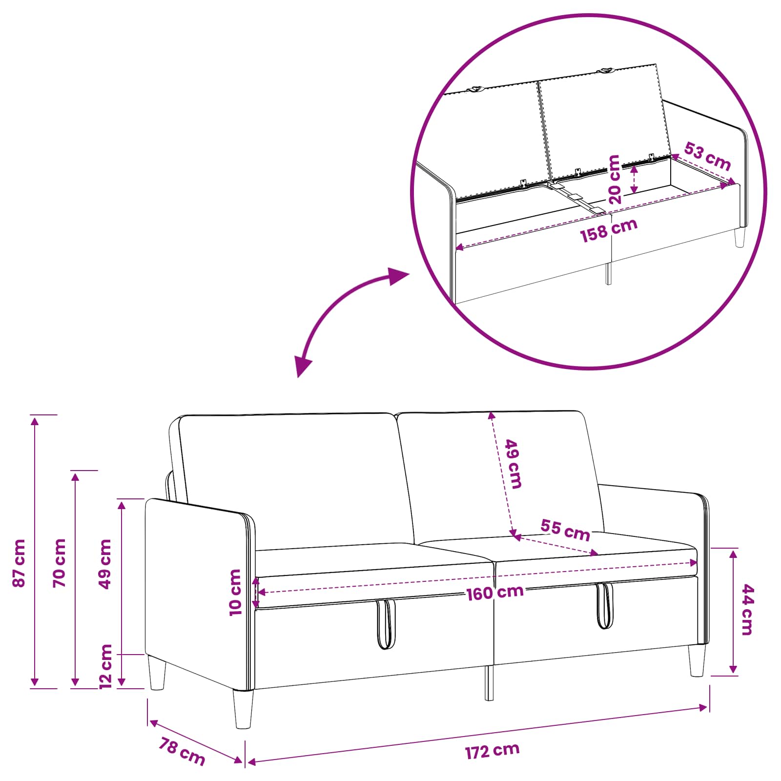 Sofa mit Stauraum Gelb 172 x 78 x 87 cm Polyester