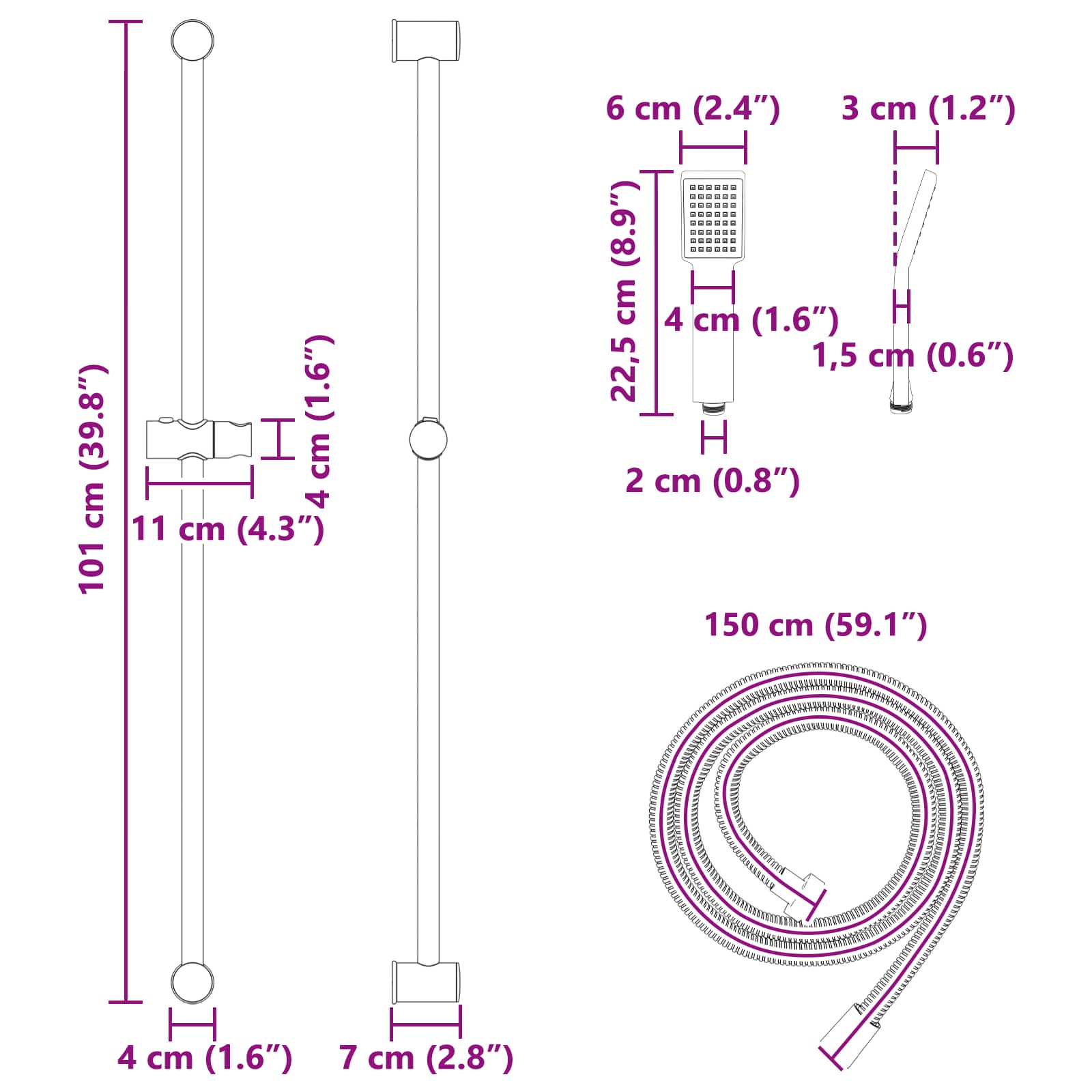 Duschsystem-Set Chrom 100 cm Edelstahl