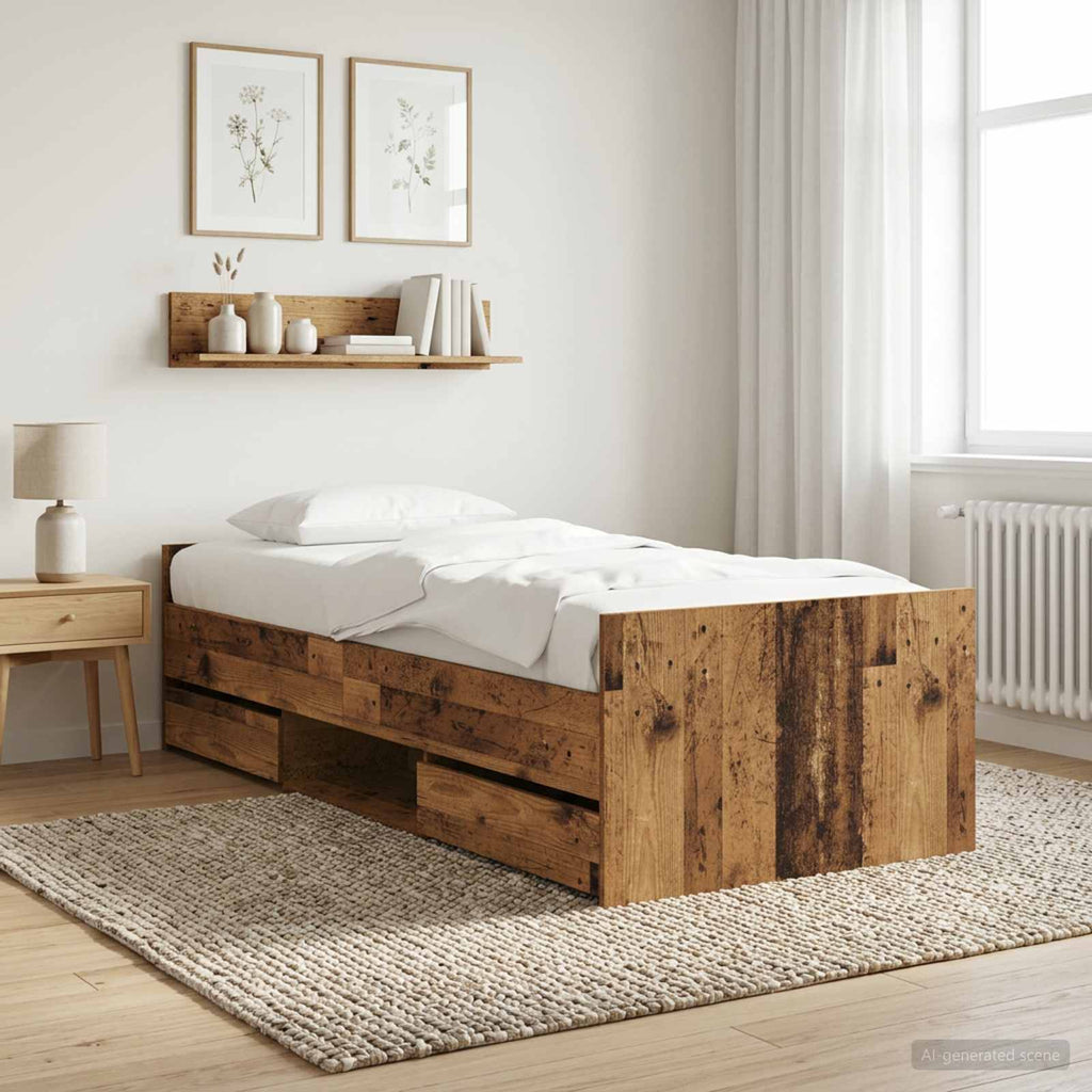 Bettrahmen mit Schubladen mit Kopfteil Altholz Holzwerkstoff