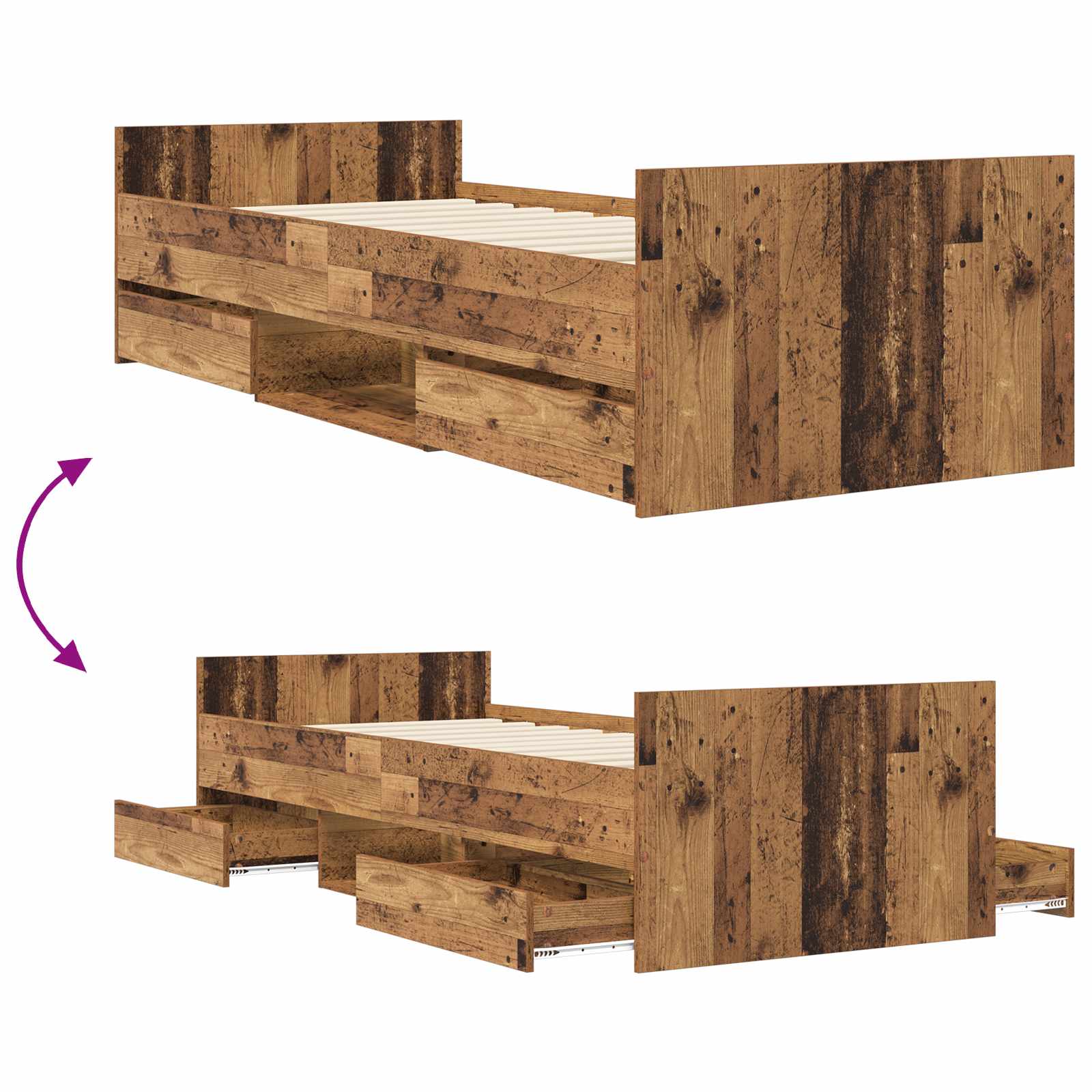 Bettrahmen mit Schubladen mit Kopfteil Altholz Holzwerkstoff