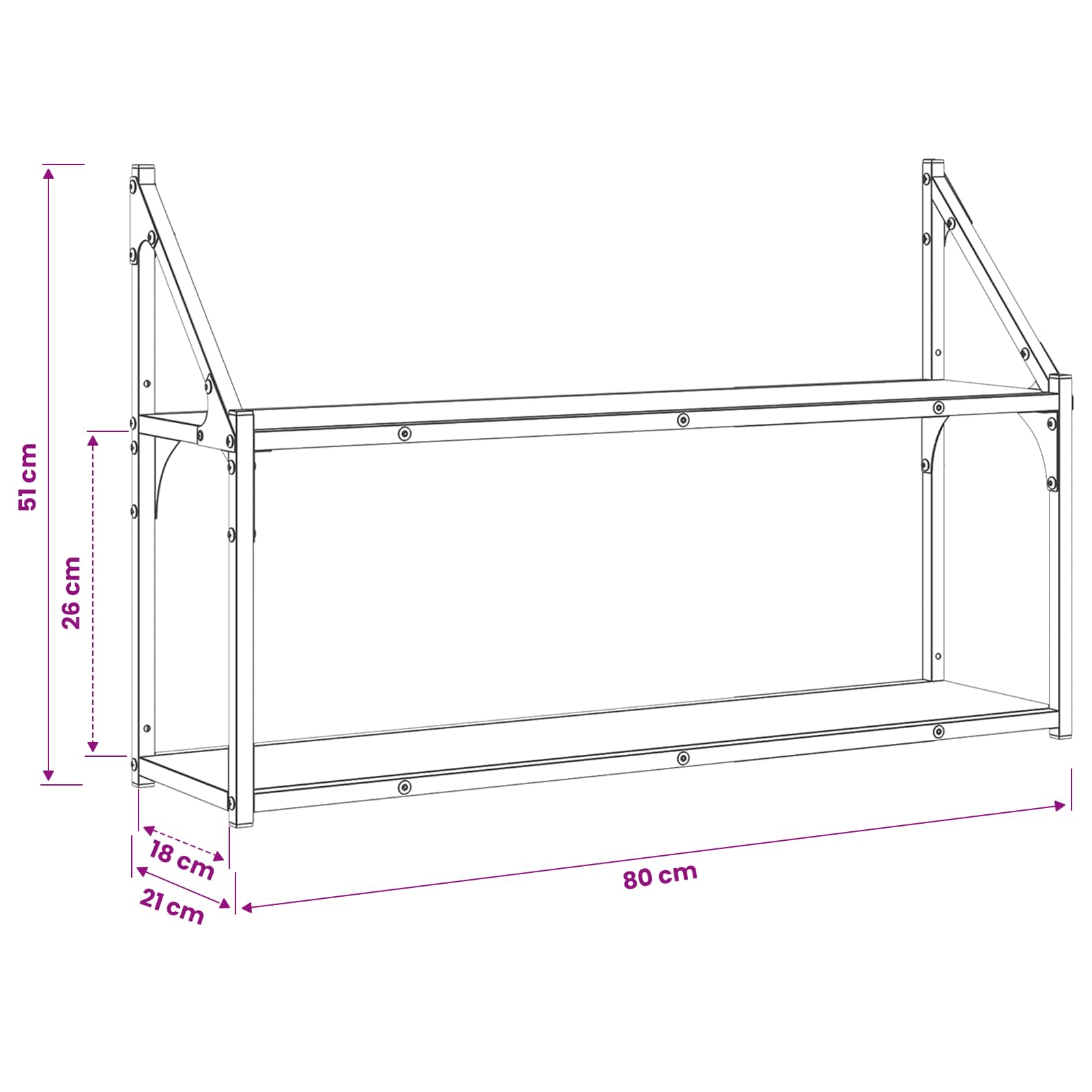 Wandregal Wandhalterung Schwarz Eichen-Optik 80 x 21 x 51 cm