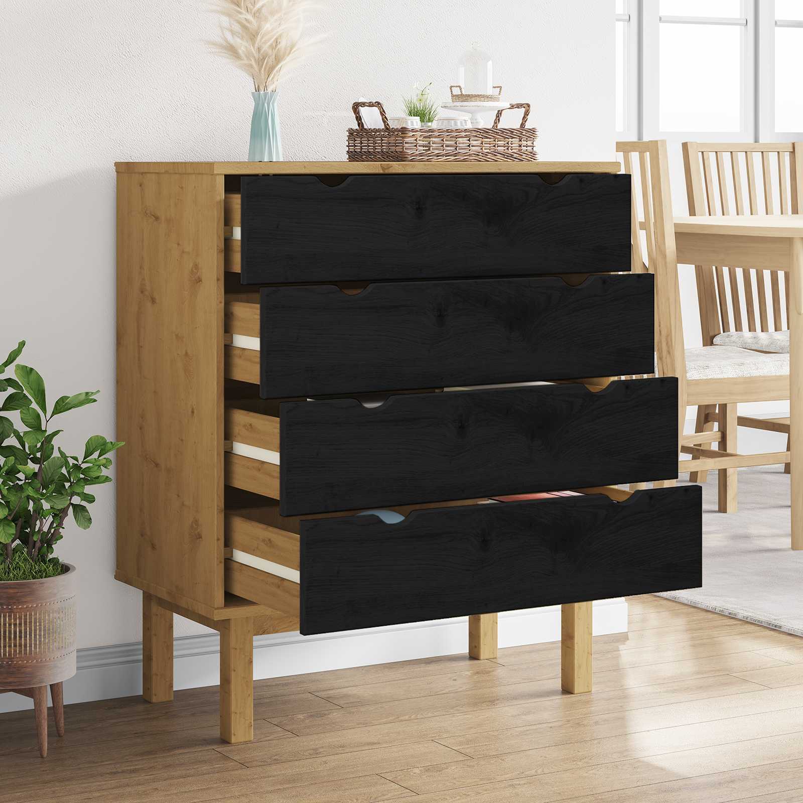 Kommode OTTA Schwarz 76,5 x 39,5 x 90 cm Massives Kiefernholz