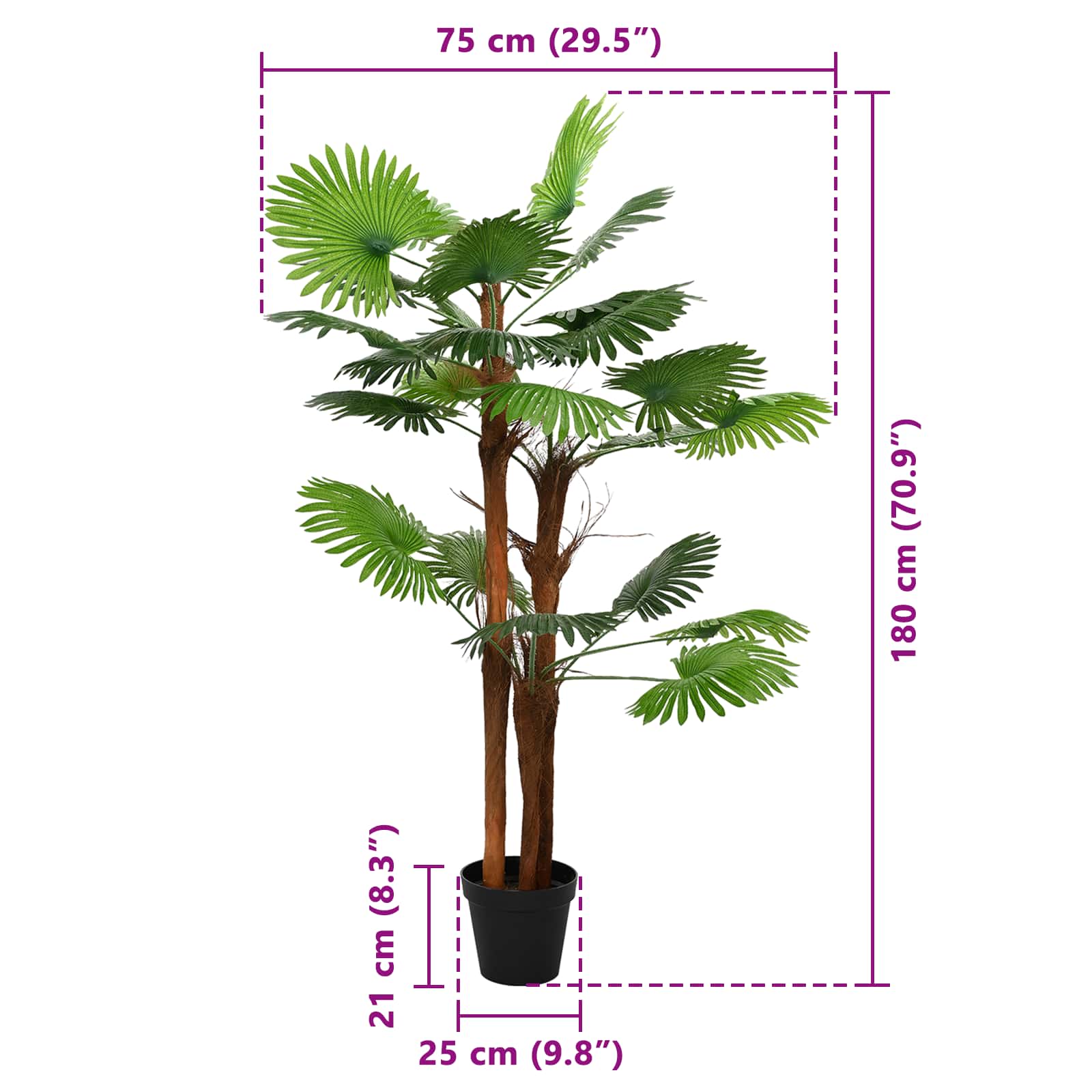 Künstliche Fächerpalme Grün 75 x 25 x 180 cm Stoff und Bambus