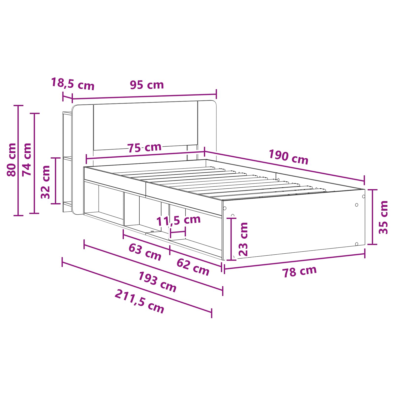 Bettgestell mit Stauraum Betongrau 75 x 190 cm Holzwerkstoff