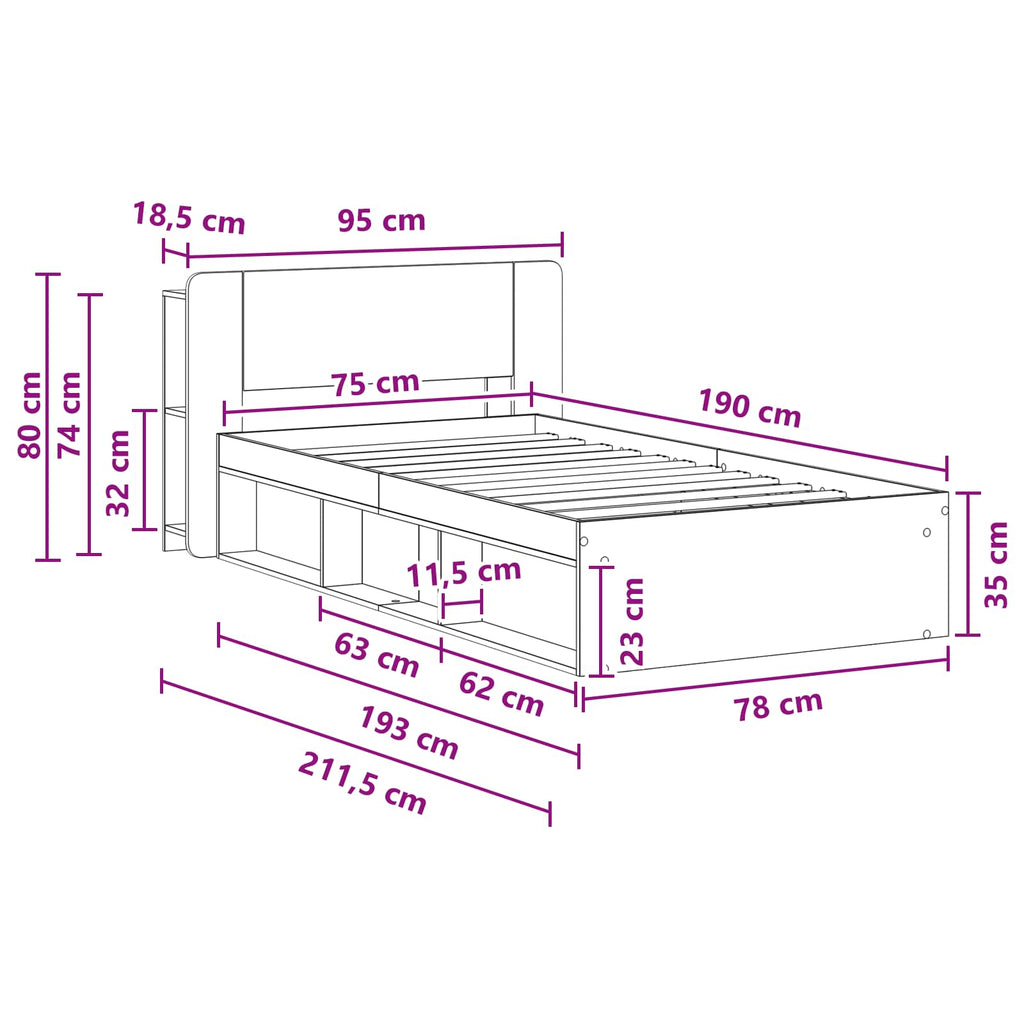 Bettgestell mit Stauraum Geräucherte Eiche 75 x 190 cm