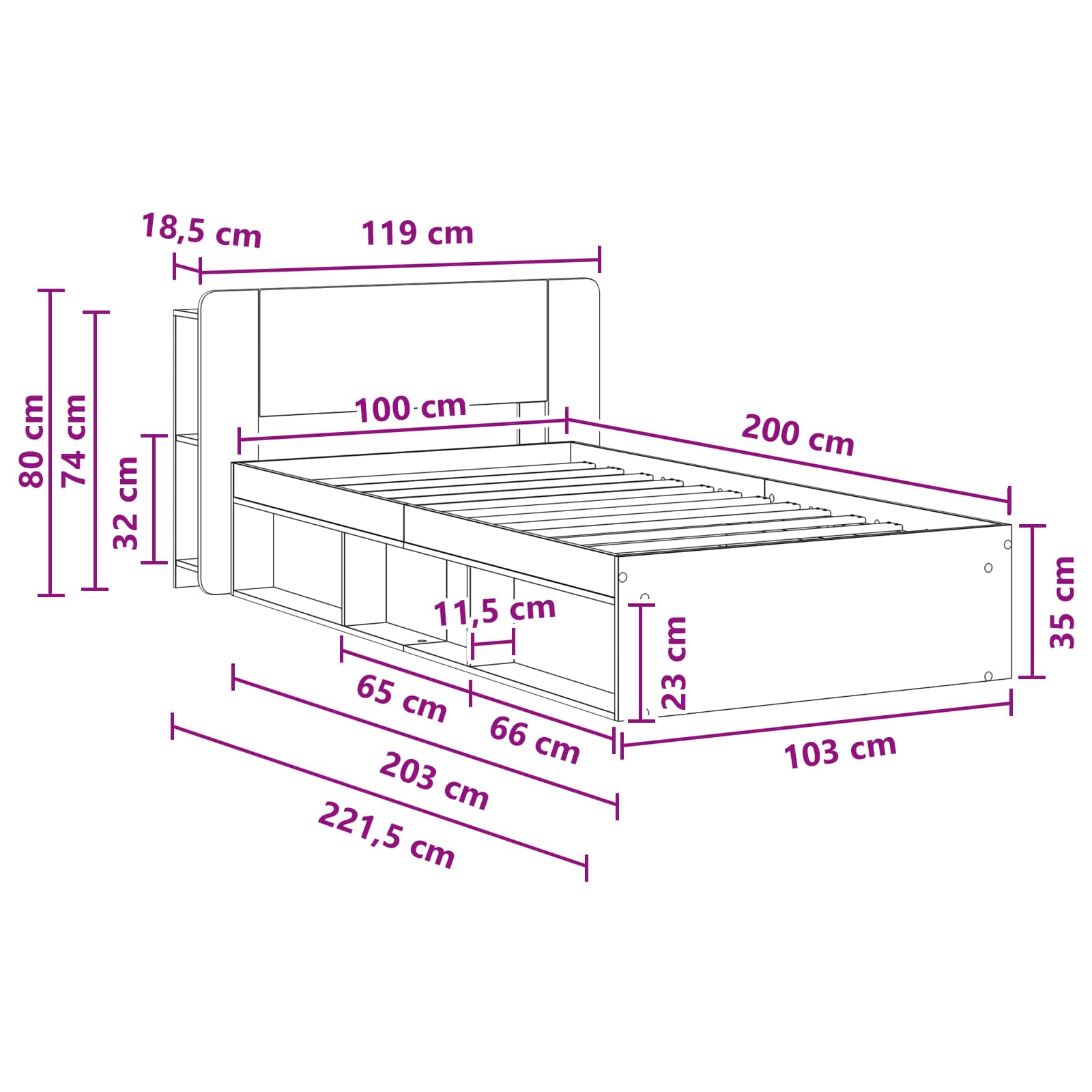 Bettgestell mit Stauraum Weiß 100 x 200 cm Holzwerkstoff