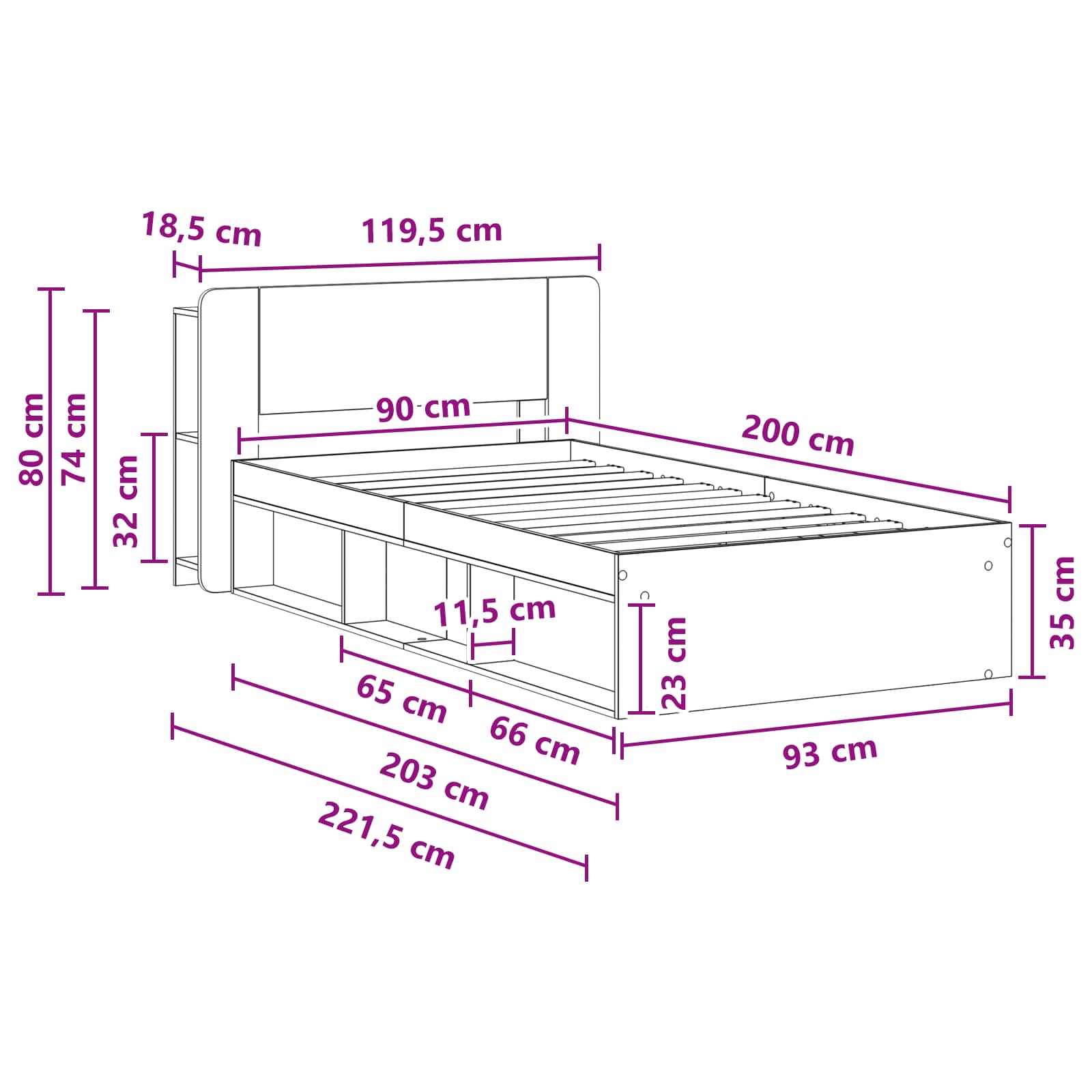 Bettgestell mit Stauraum Geräucherte Eiche 90 x 200 cm