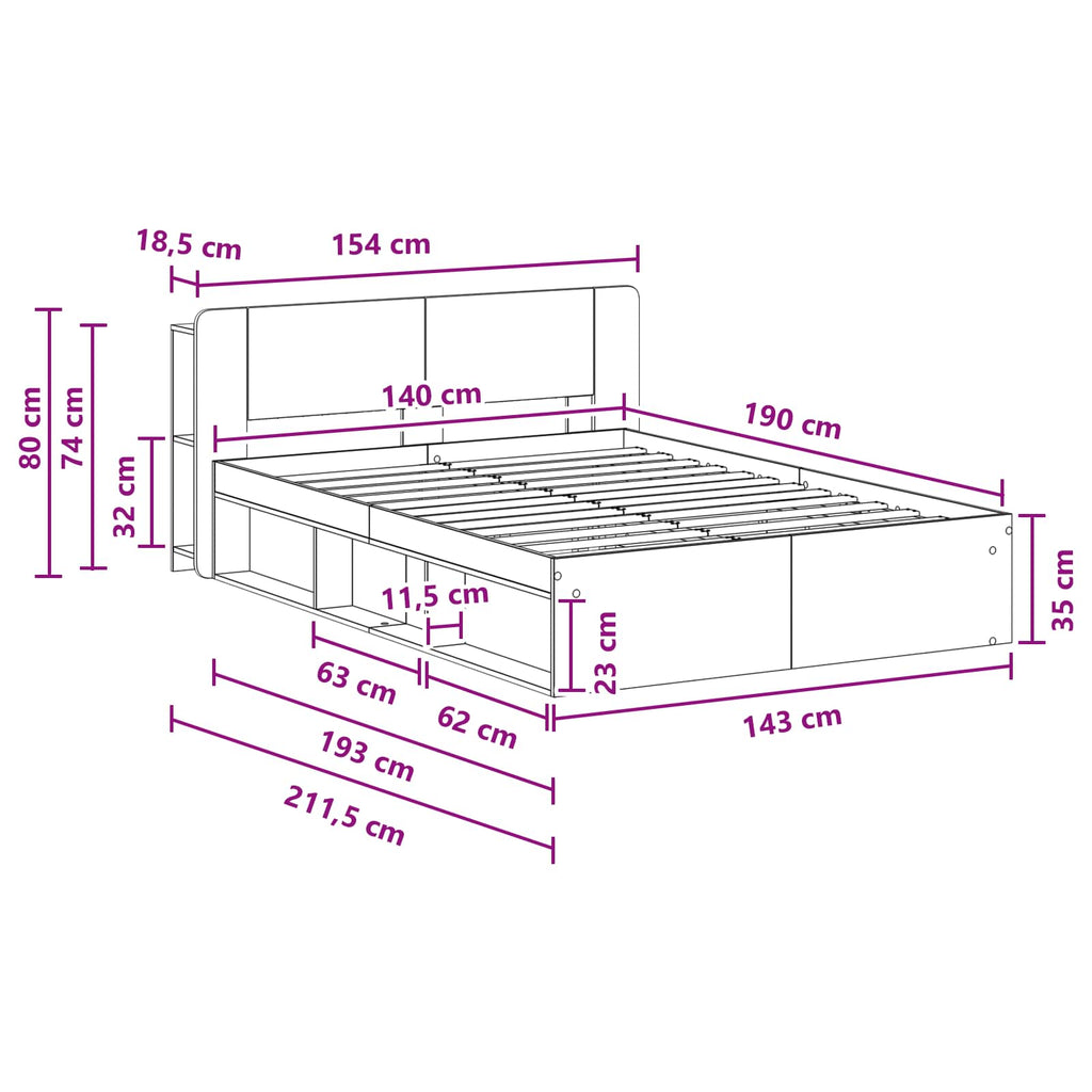 Bettgestell mit Stauraum Artisan-Eiche 140 x 190 cm