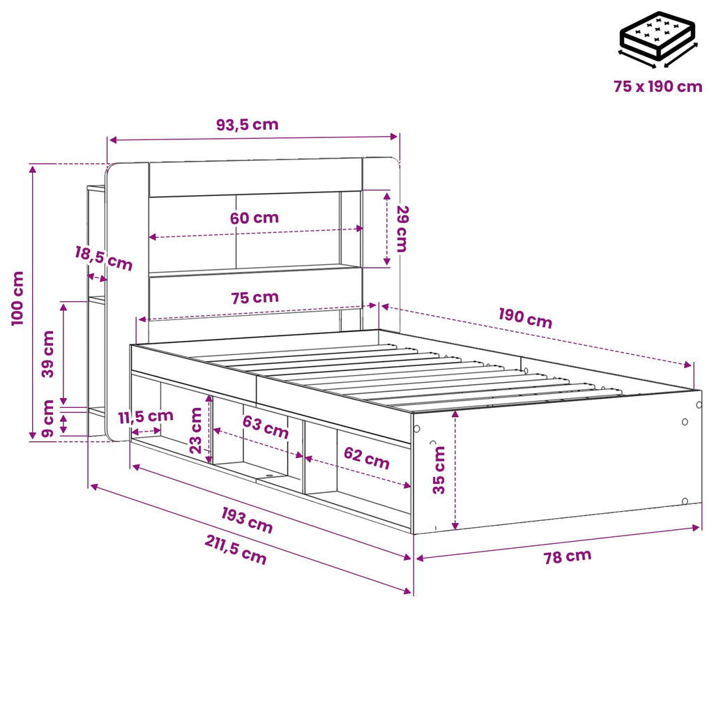Bettgestell mit Stauraum Schwarz 75 x 190 cm Holzwerkstoff