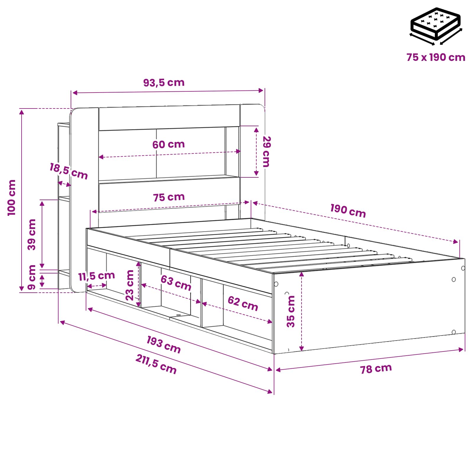 Bettgestell mit Stauraum Schwarz 75 x 190 cm Holzwerkstoff