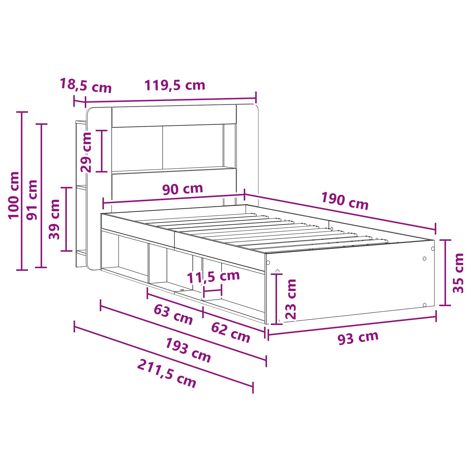 Bettgestell mit Stauraum Sonoma-Eiche 90 x 190 cm Holzwerkstoff