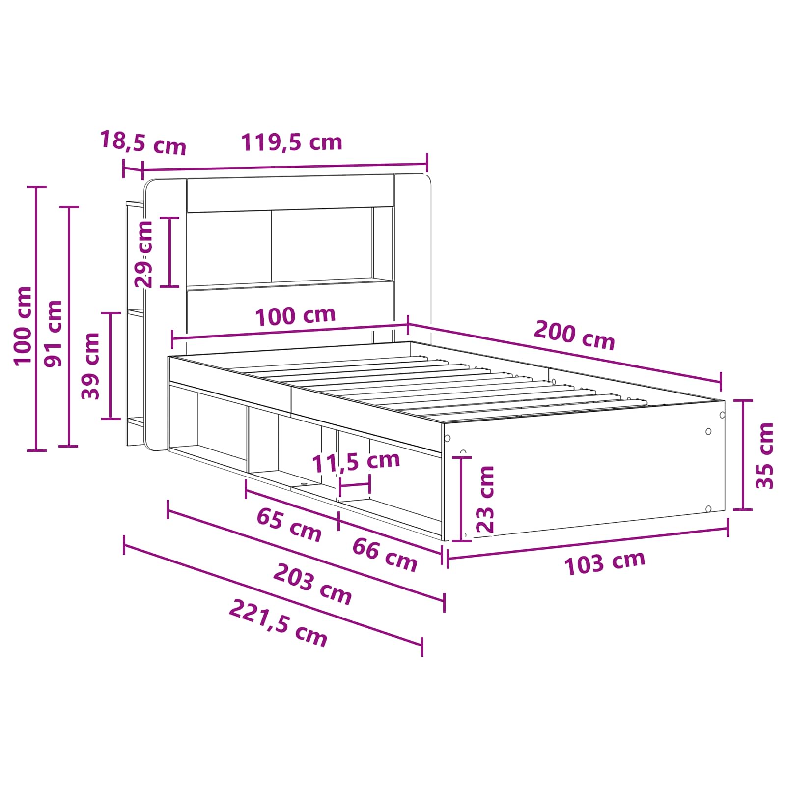 Bettgestell mit Stauraum Schwarz 100 x 200 cm Holzwerkstoff