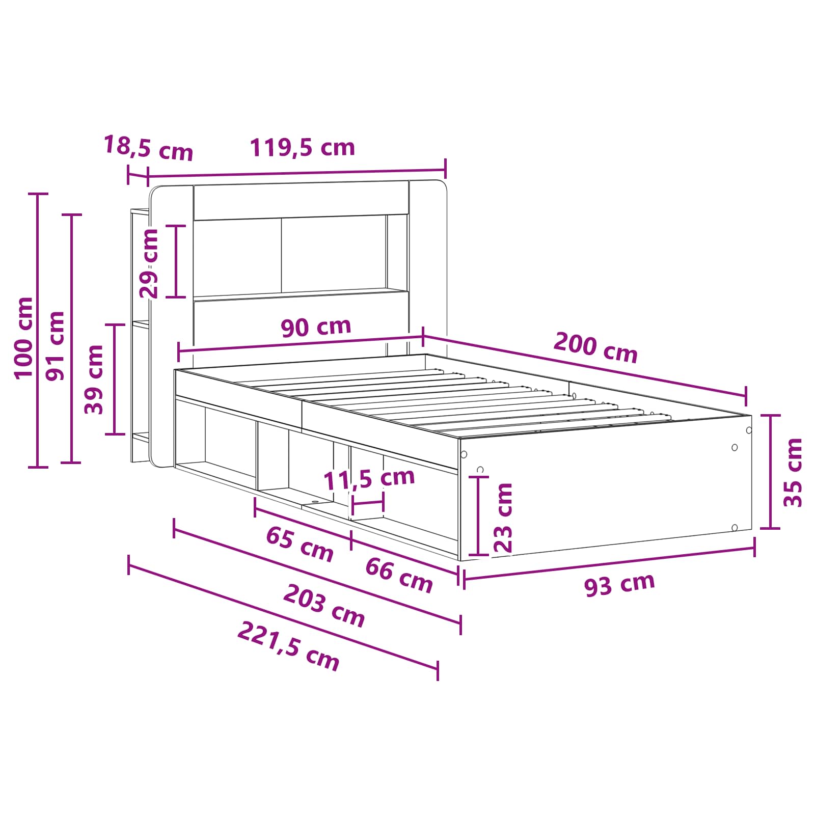 Bettgestell mit Stauraum Weiß 90 x 200 cm Holzwerkstoff