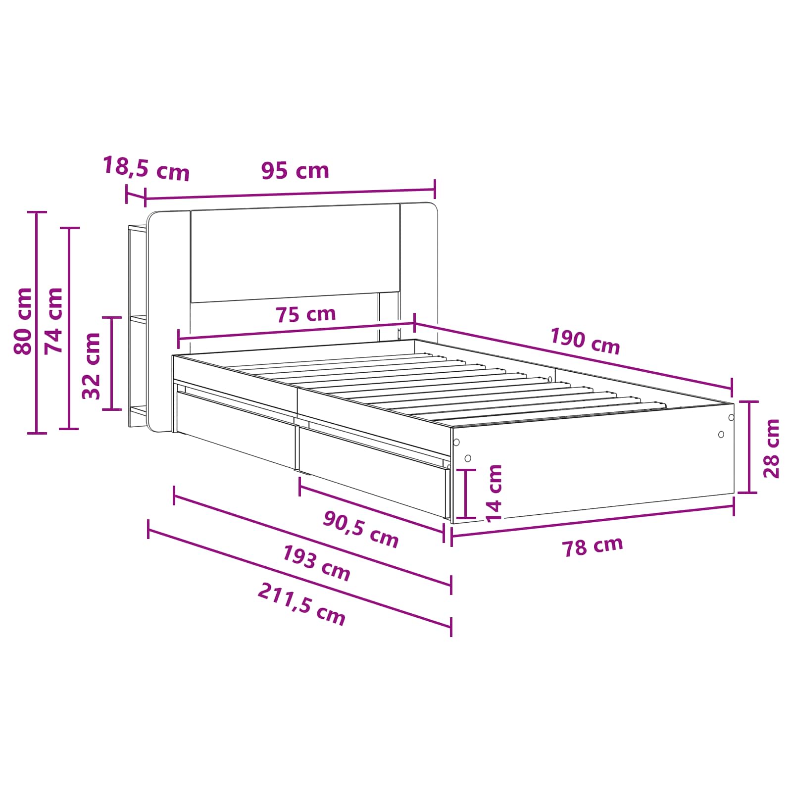 Bettgestell mit Stauraum Sonoma-Eiche 75 x 190 cm Holzwerkstoff