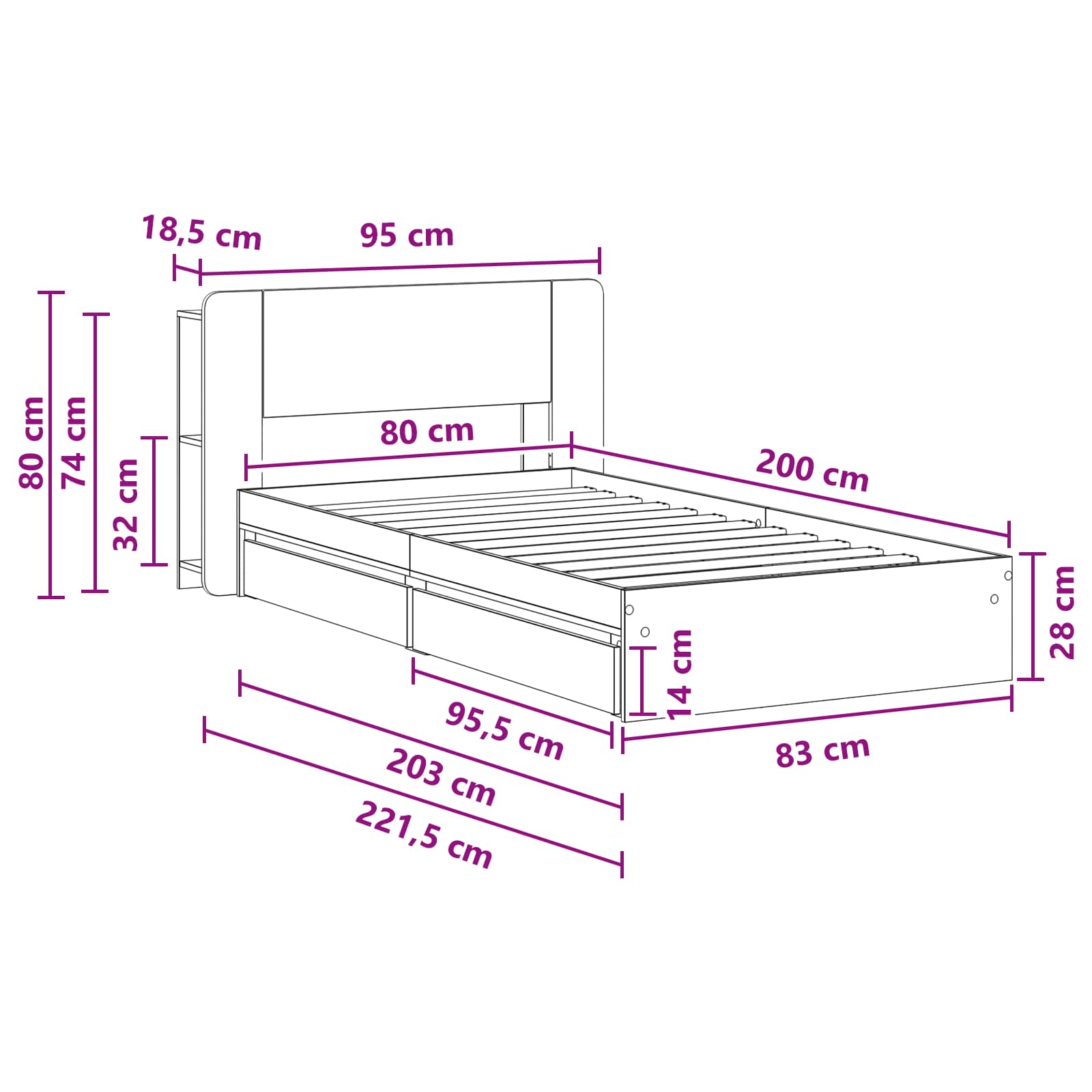 Bettgestell mit Stauraum Weiß 80 x 200 cm Holzwerkstoff