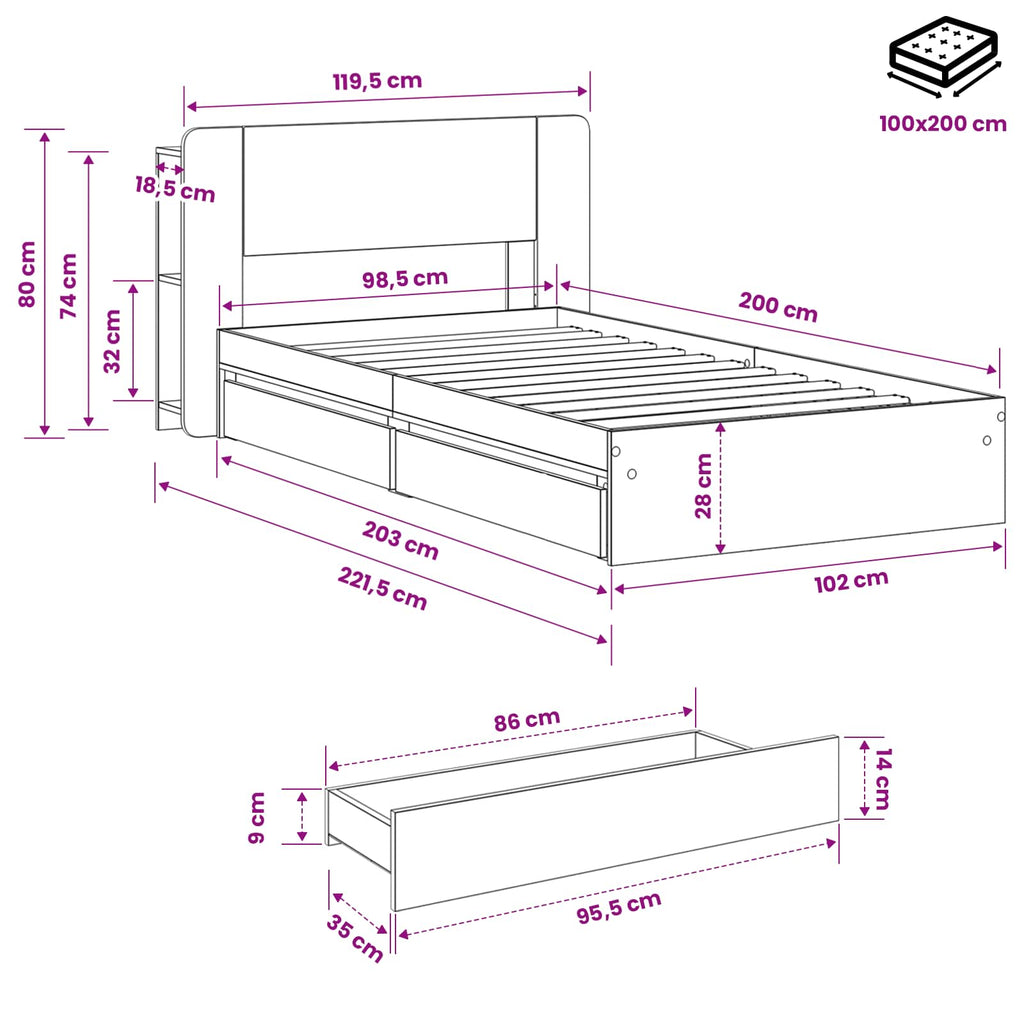 Bettgestell mit Stauraum Grau Sonoma 100 x 200 cm Holzwerkstoff