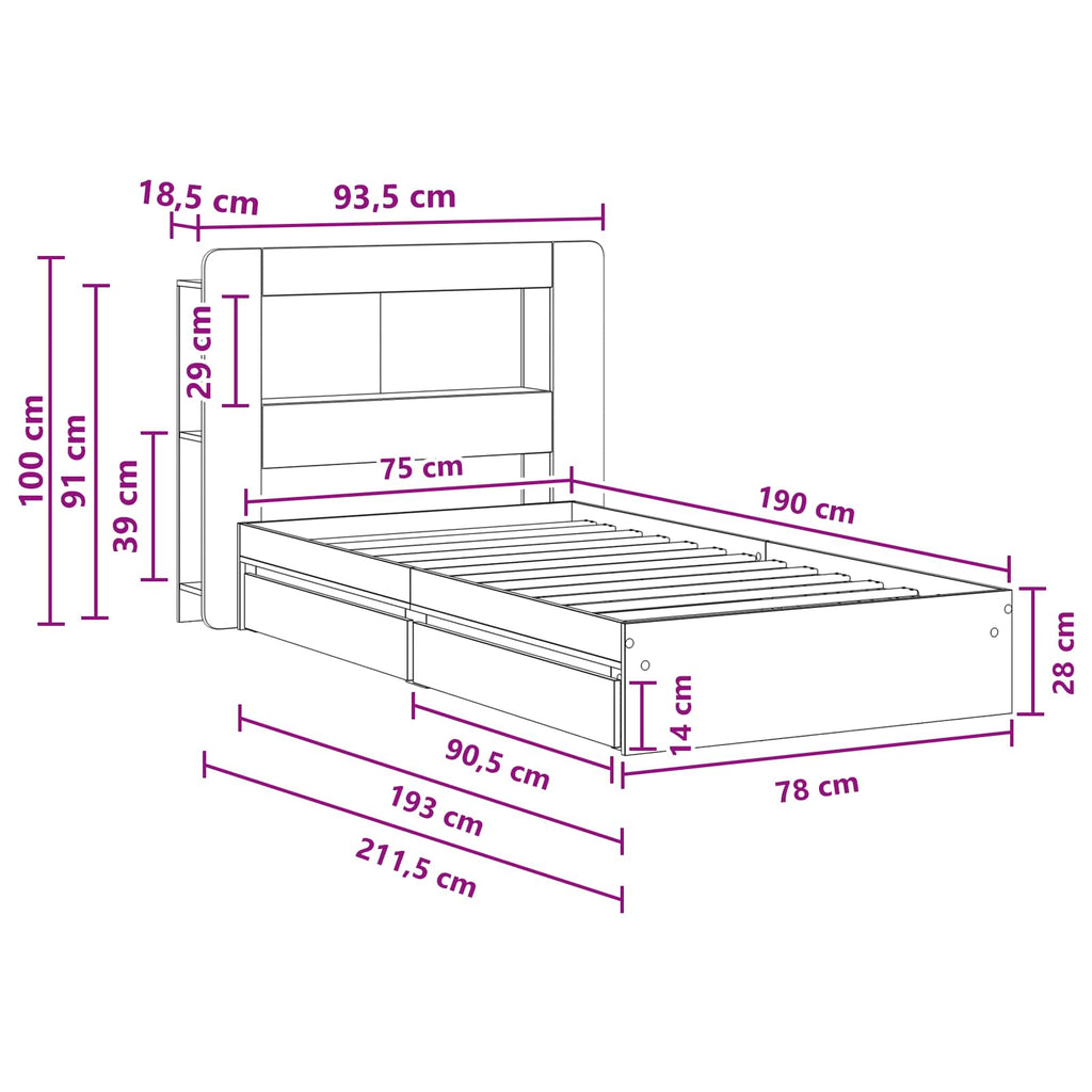 Bettgestell mit Stauraum Betongrau 75 x 190 cm Holzwerkstoff