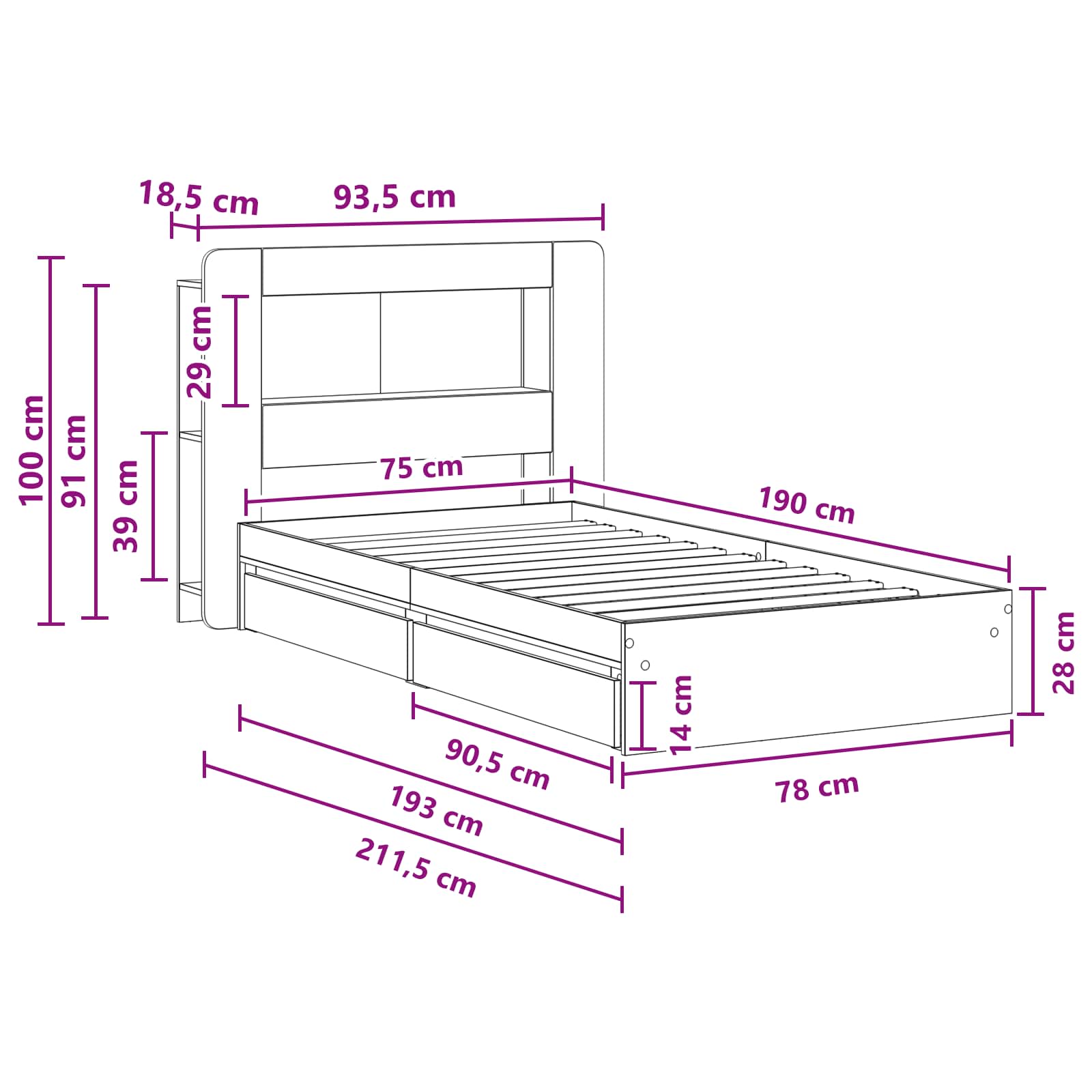 Bettgestell mit Stauraum Betongrau 75 x 190 cm Holzwerkstoff