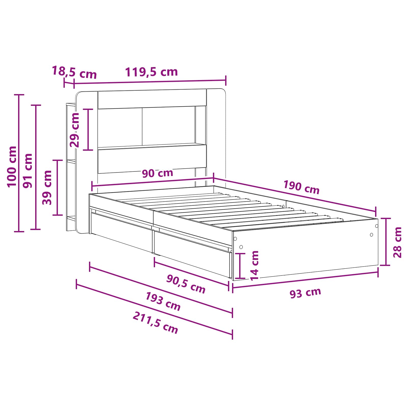 Bettgestell mit Stauraum Betongrau 90 x 190 cm Holzwerkstoff