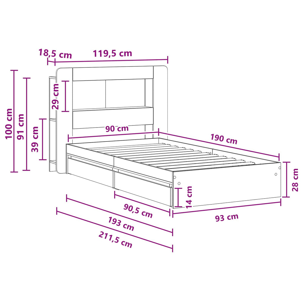 Bettgestell mit Stauraum Grau Sonoma 90 x 190 cm Holzwerkstoff