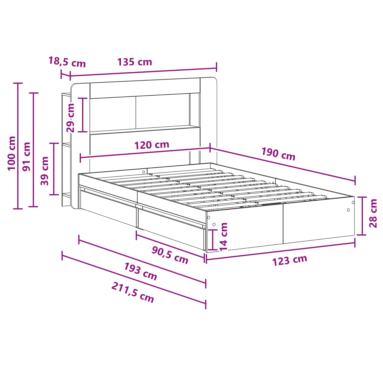 Bettgestell mit Stauraum Schwarz 120 x 190 cm Holzwerkstoff