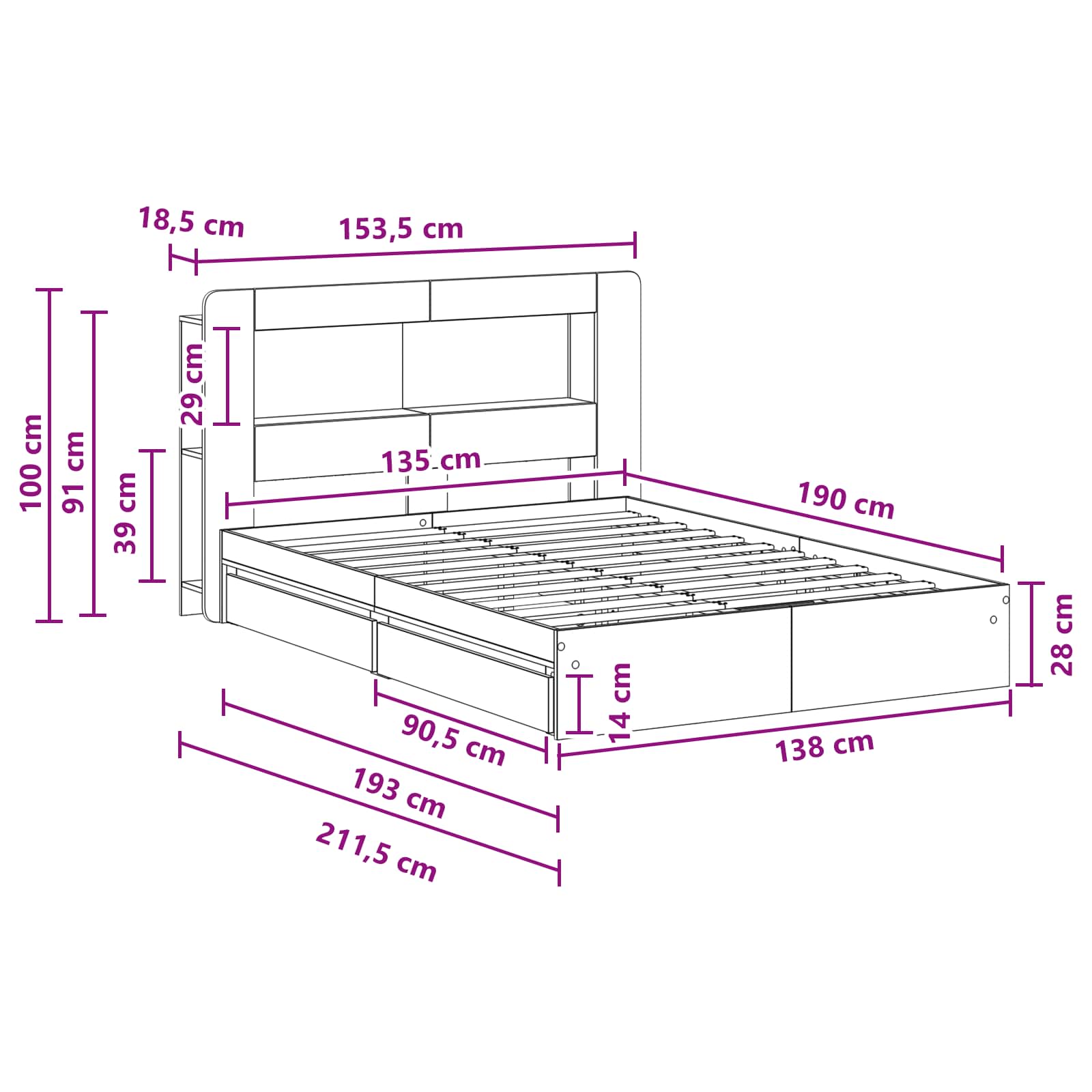 Bettgestell mit Stauraum Betongrau 135 x 190 cm Holzwerkstoff