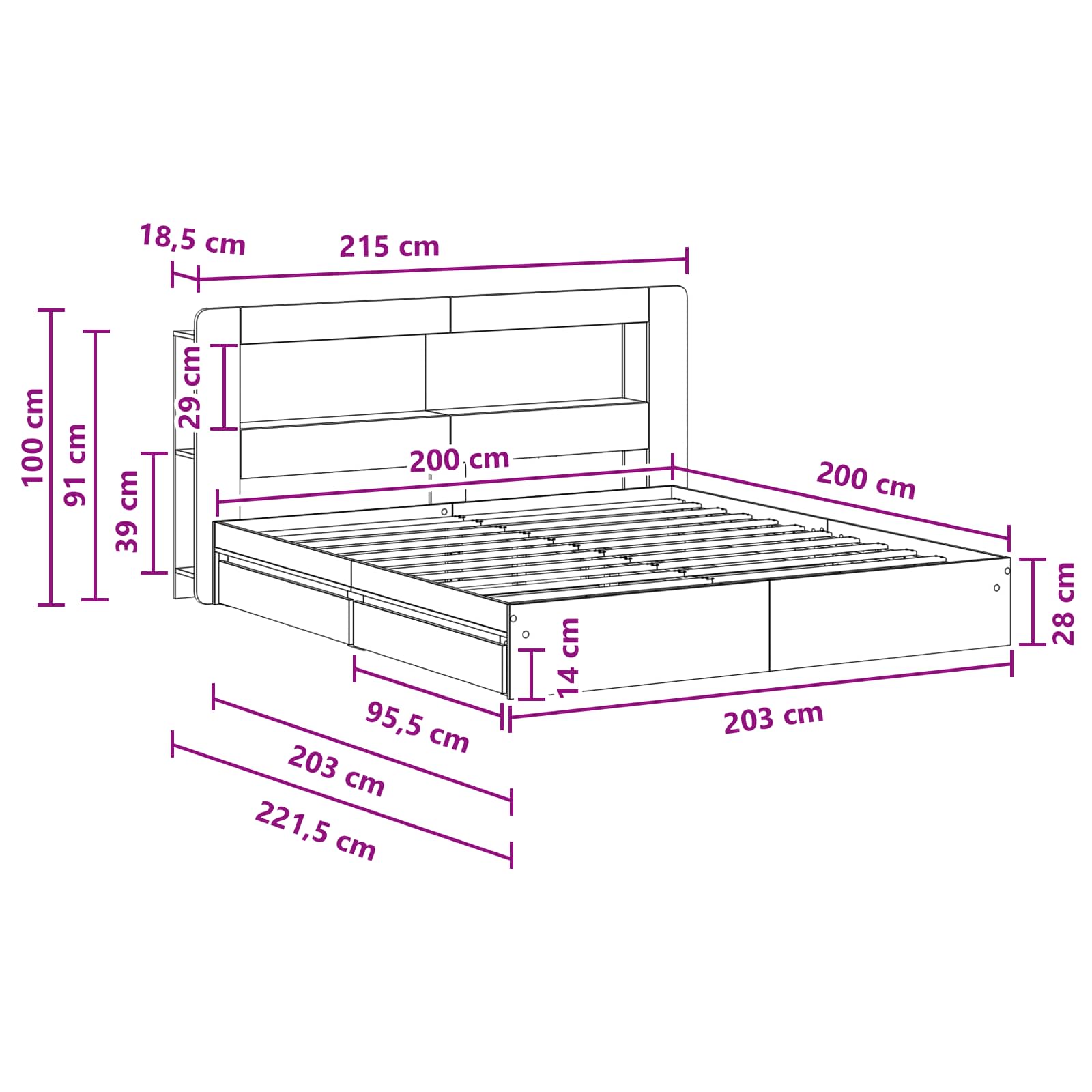 Bettgestell mit Stauraum Schwarz 200 x 200 cm Holzwerkstoff