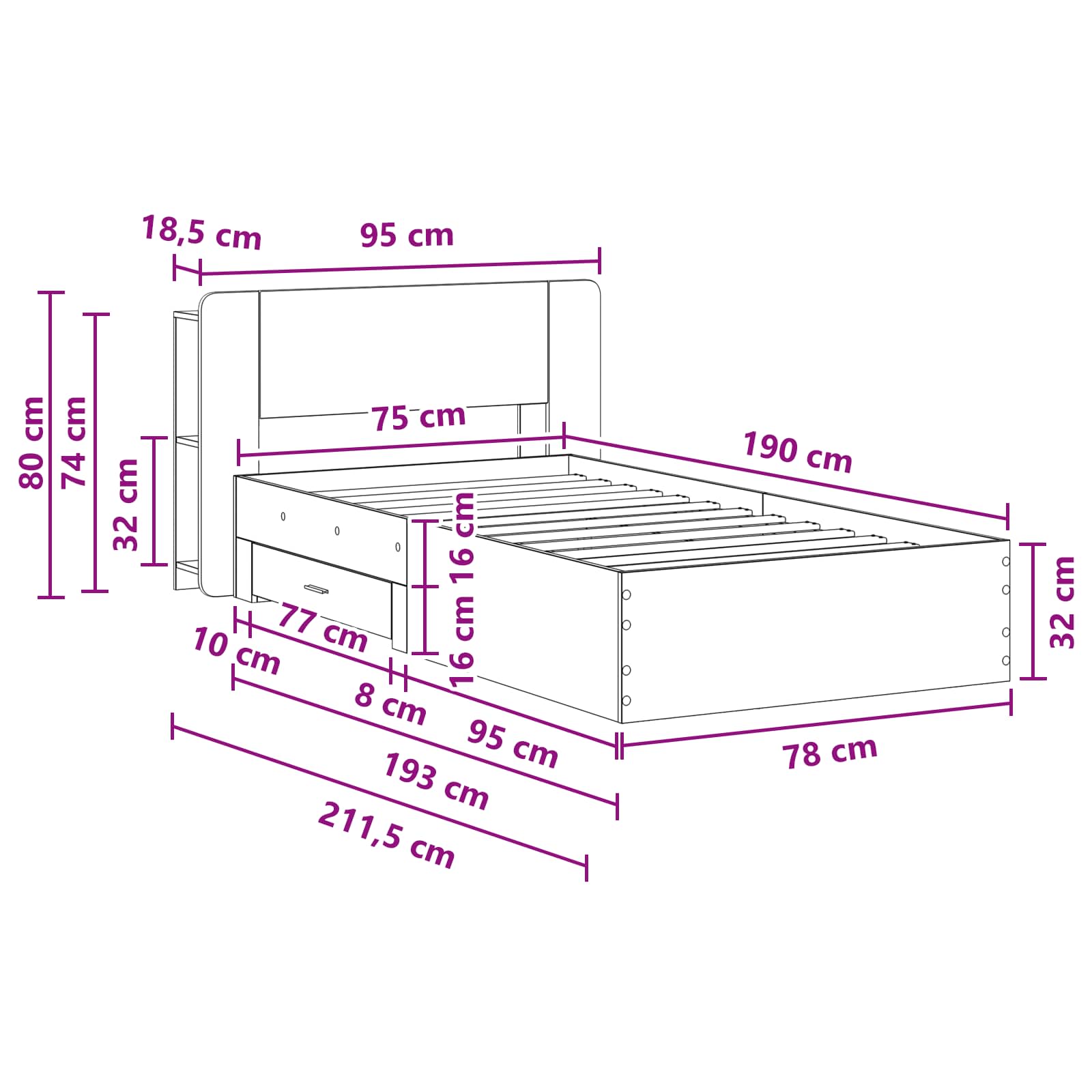 Bettgestell mit Stauraum Betongrau 75 x 190 cm Holzwerkstoff