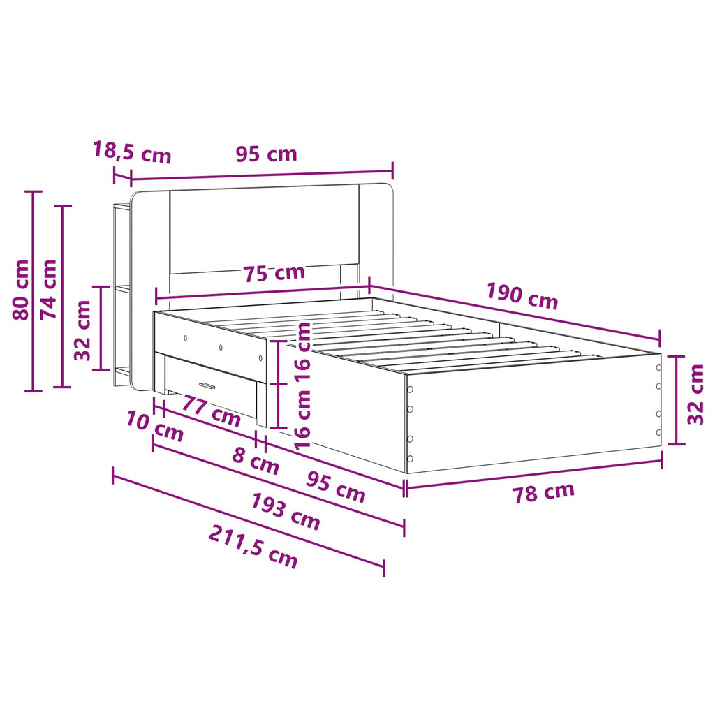 Bettgestell mit Stauraum Grau Sonoma 75 x 190 cm Holzwerkstoff